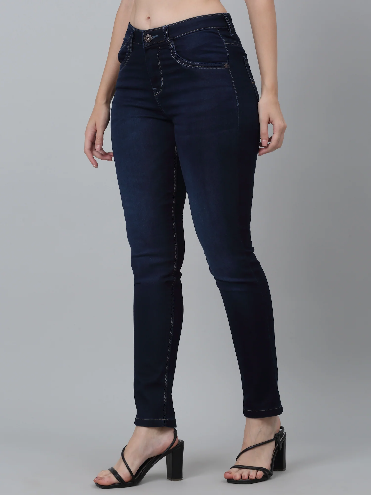 Women's Casual Skinny Fit Dark Mercerised Blue No Fade Mid rise Jeans - Image 2