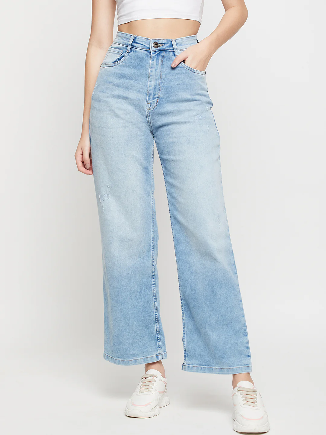 Women's Casual Slim Fit Light Mercerised Blue Heavy Fade High Rise Jeans