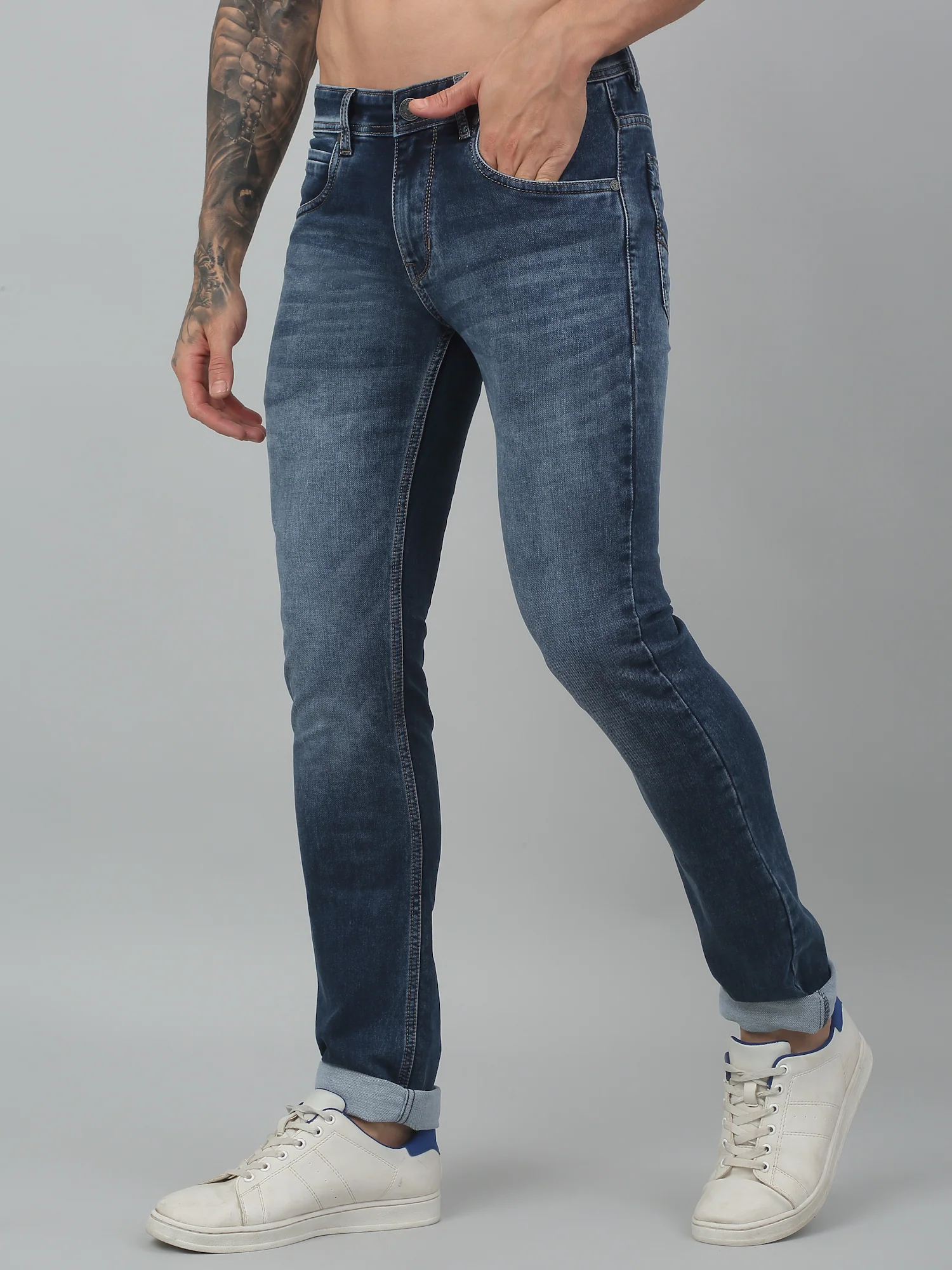 Denim Jeans for Men l Breathable & Soft with Color Fastness Ultra Narrow Fit Cotton Fabric Solid Pattern Button Closure - Image 3