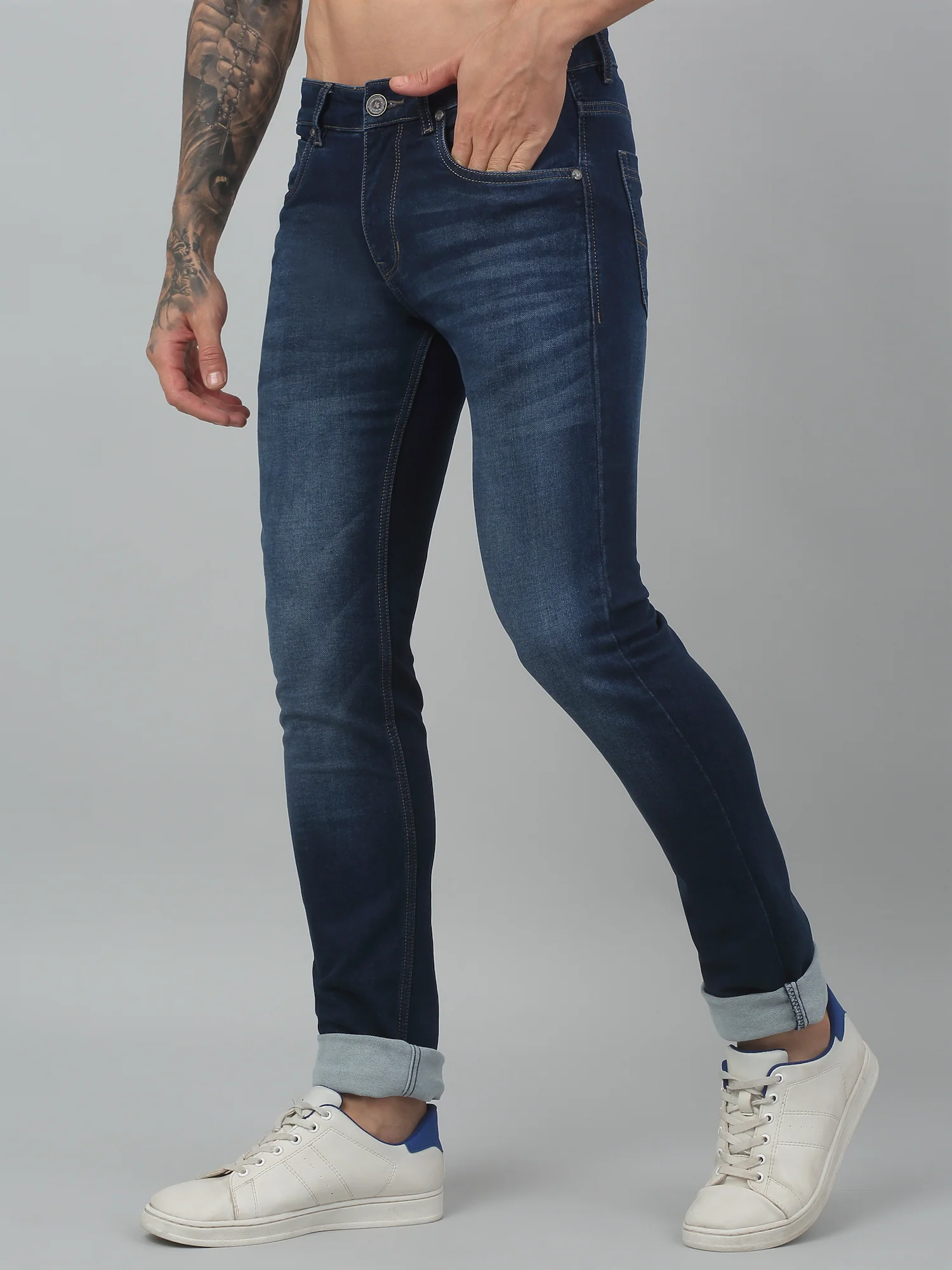 Denim Jeans for Men l Breathable & Soft with Color Fastness Ultra Narrow Fit Cotton Fabric Solid Pattern Button Closure - Image 3