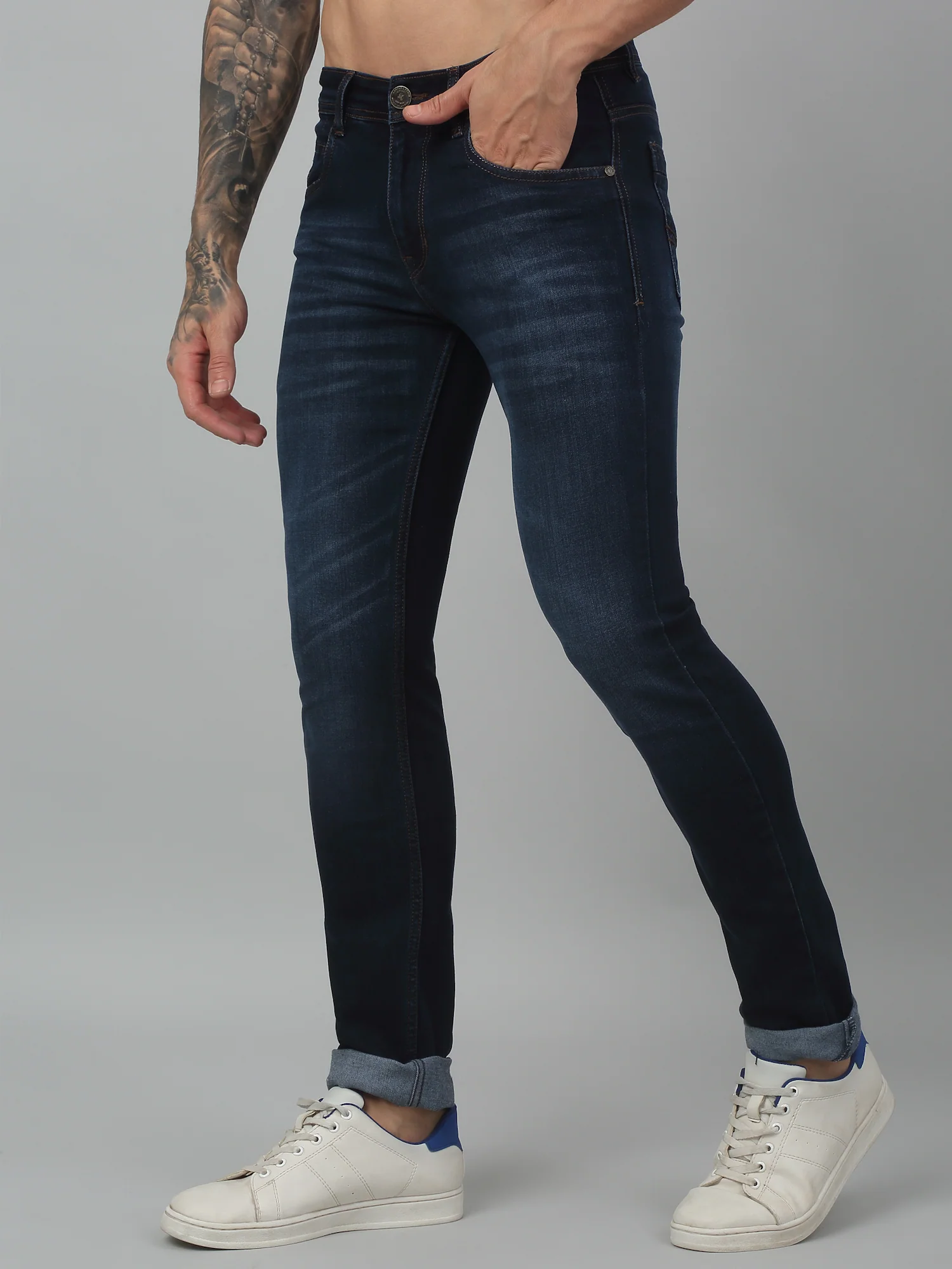 Denim Jeans for Men l Breathable & Soft with Color Fastness Ultra Narrow Fit Cotton Fabric Solid Pattern Button Closure - Image 3