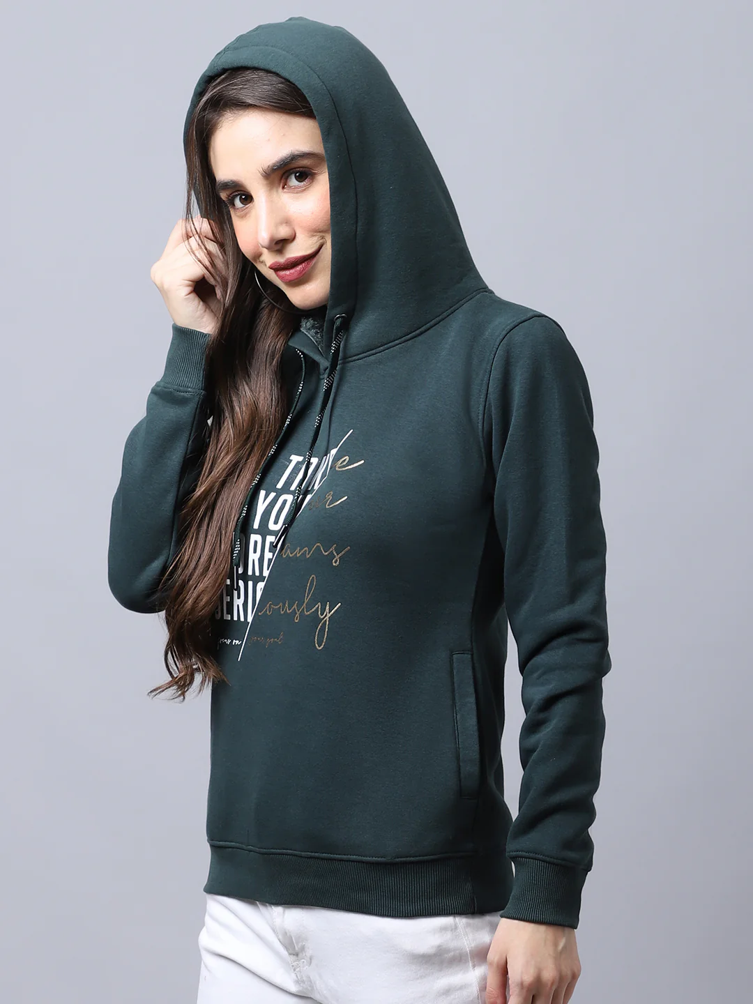 Women's Casual  Bottle Green Regular Full Sleeve Pullover Hoodie Sweatshirt - Image 3