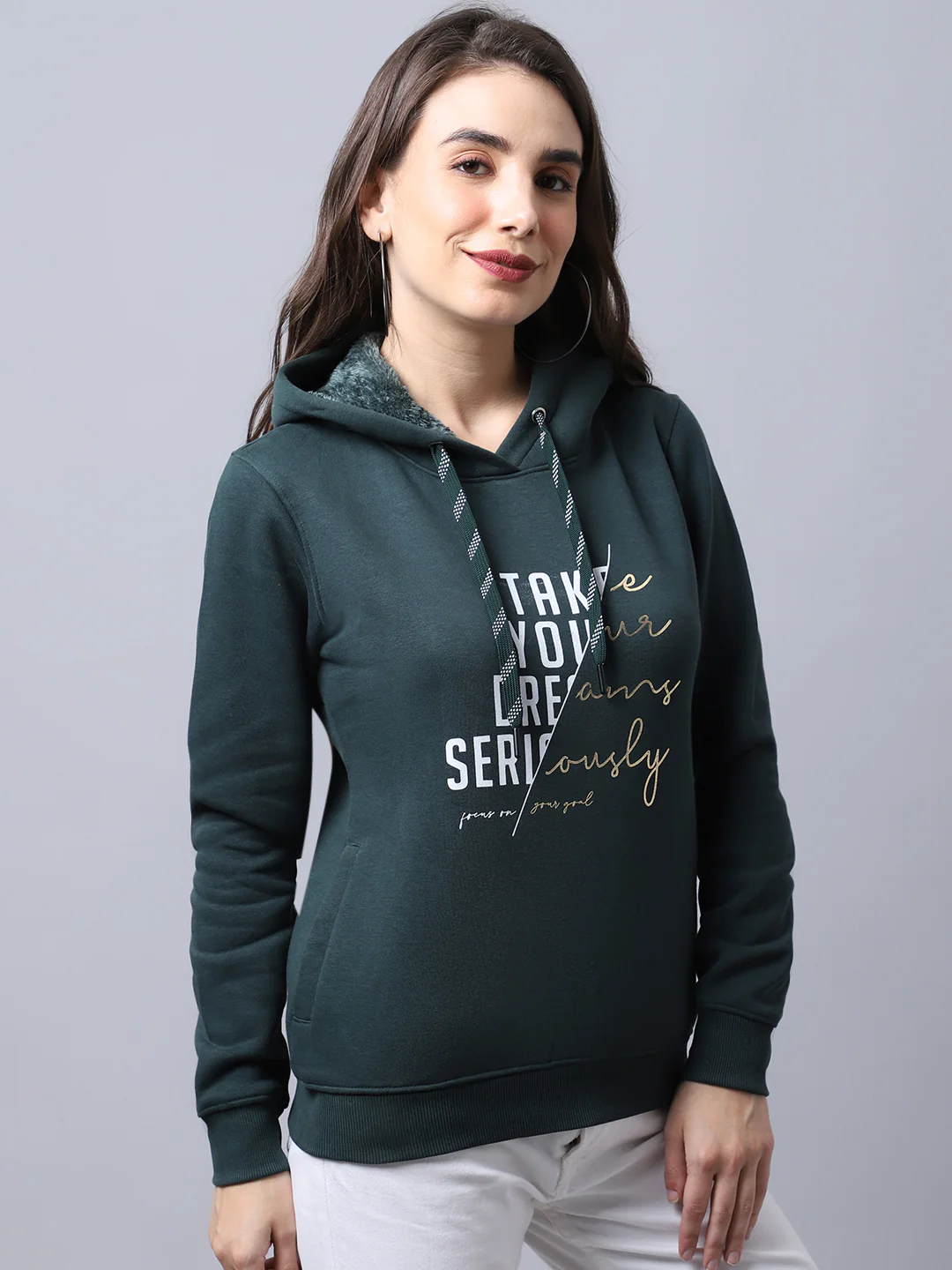 Women's Casual  Bottle Green Regular Full Sleeve Pullover Hoodie Sweatshirt - Image 4