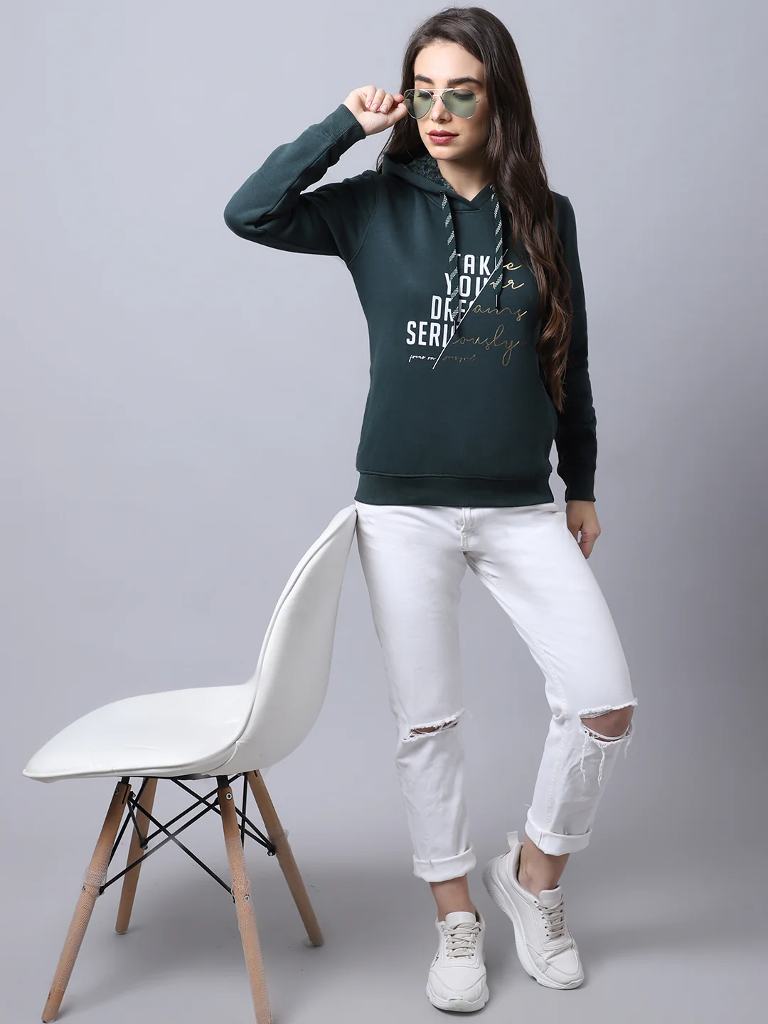 Women's Casual  Bottle Green Regular Full Sleeve Pullover Hoodie Sweatshirt - Image 5