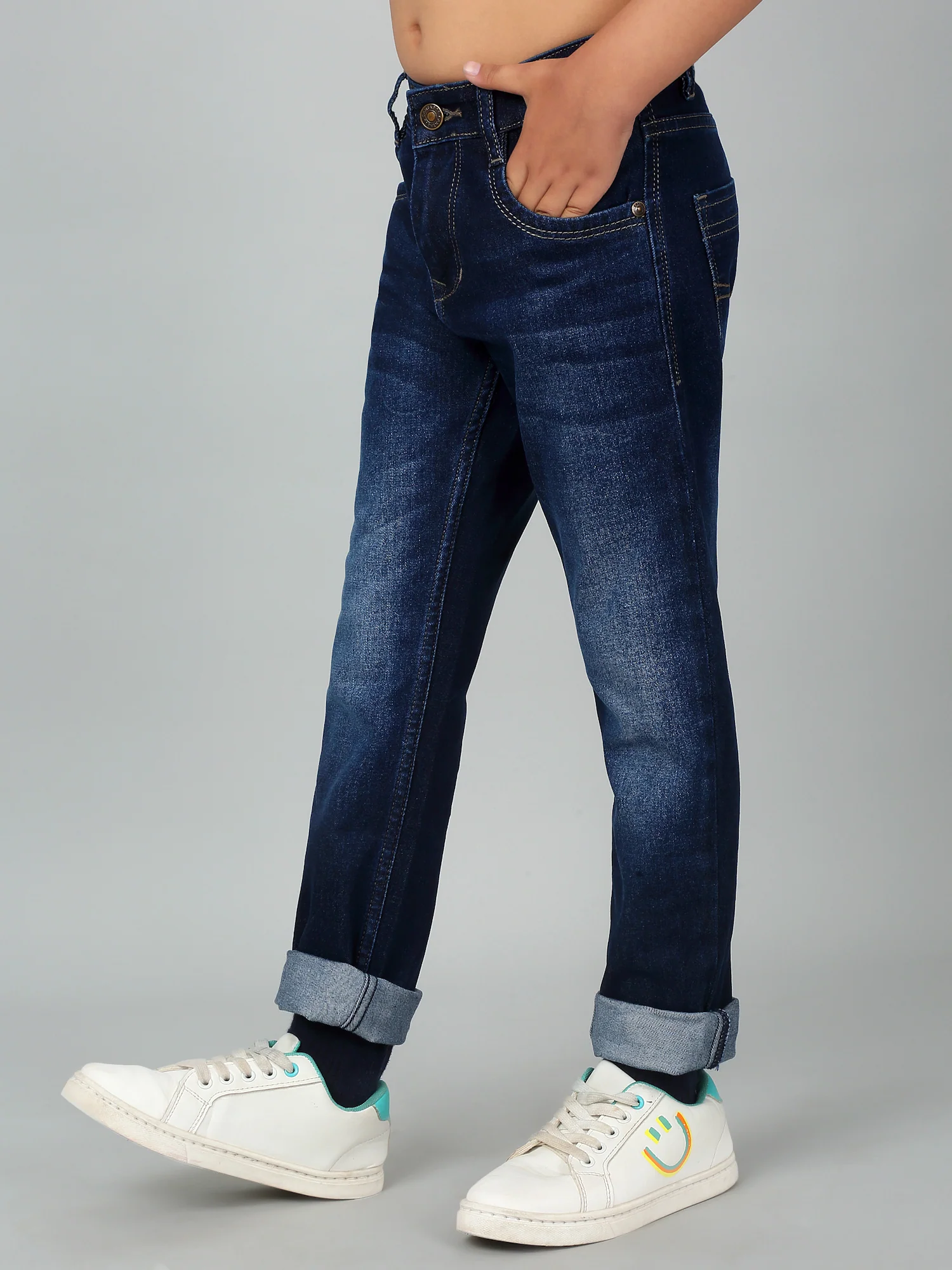 Boy's Dark Blue Solid Stretchable Jeans - Image 4