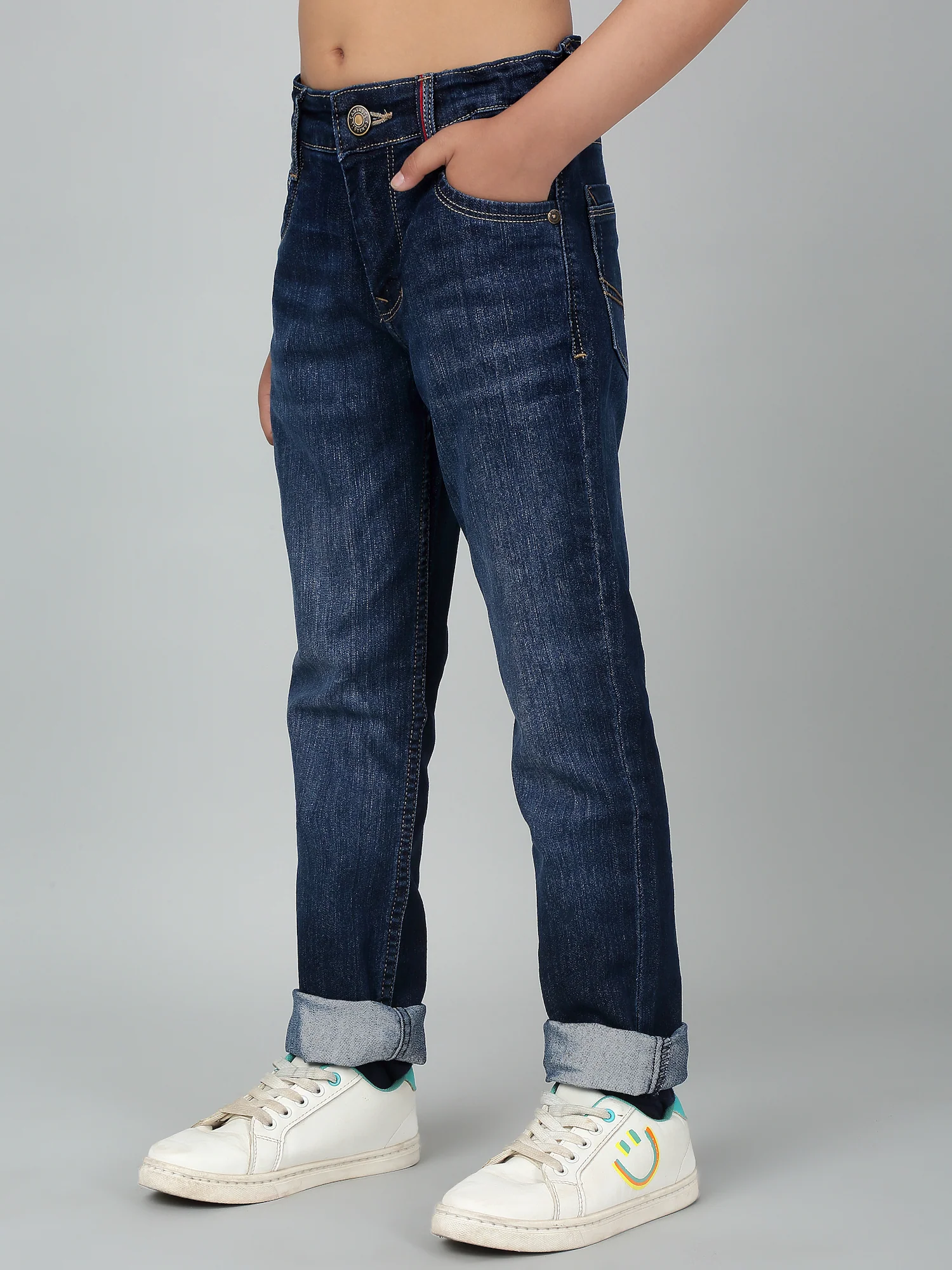 Boy's Dark Blue Solid Stretchable Jeans - Image 4
