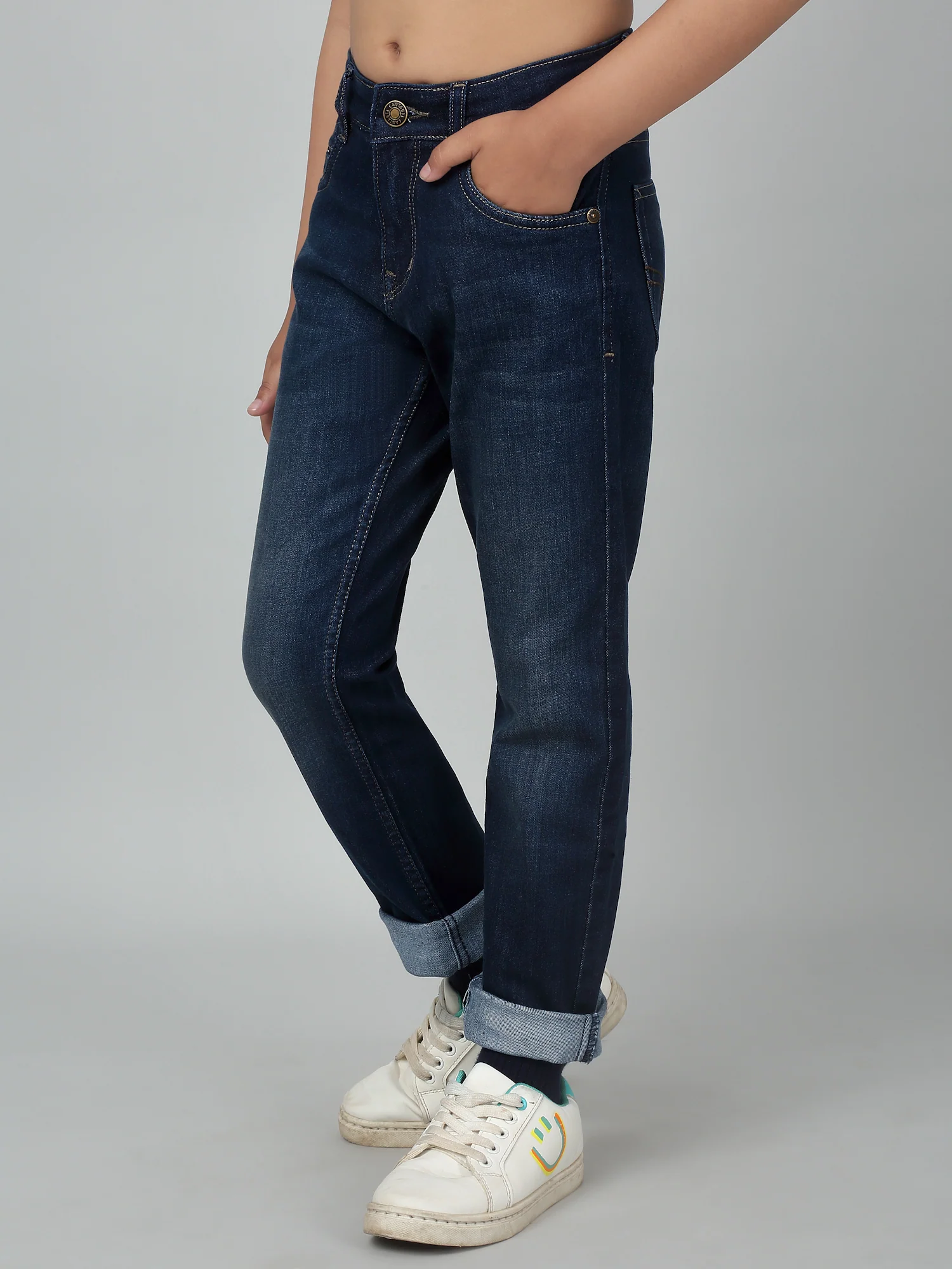 Boy's Dark Blue Solid Stretchable Jeans - Image 4