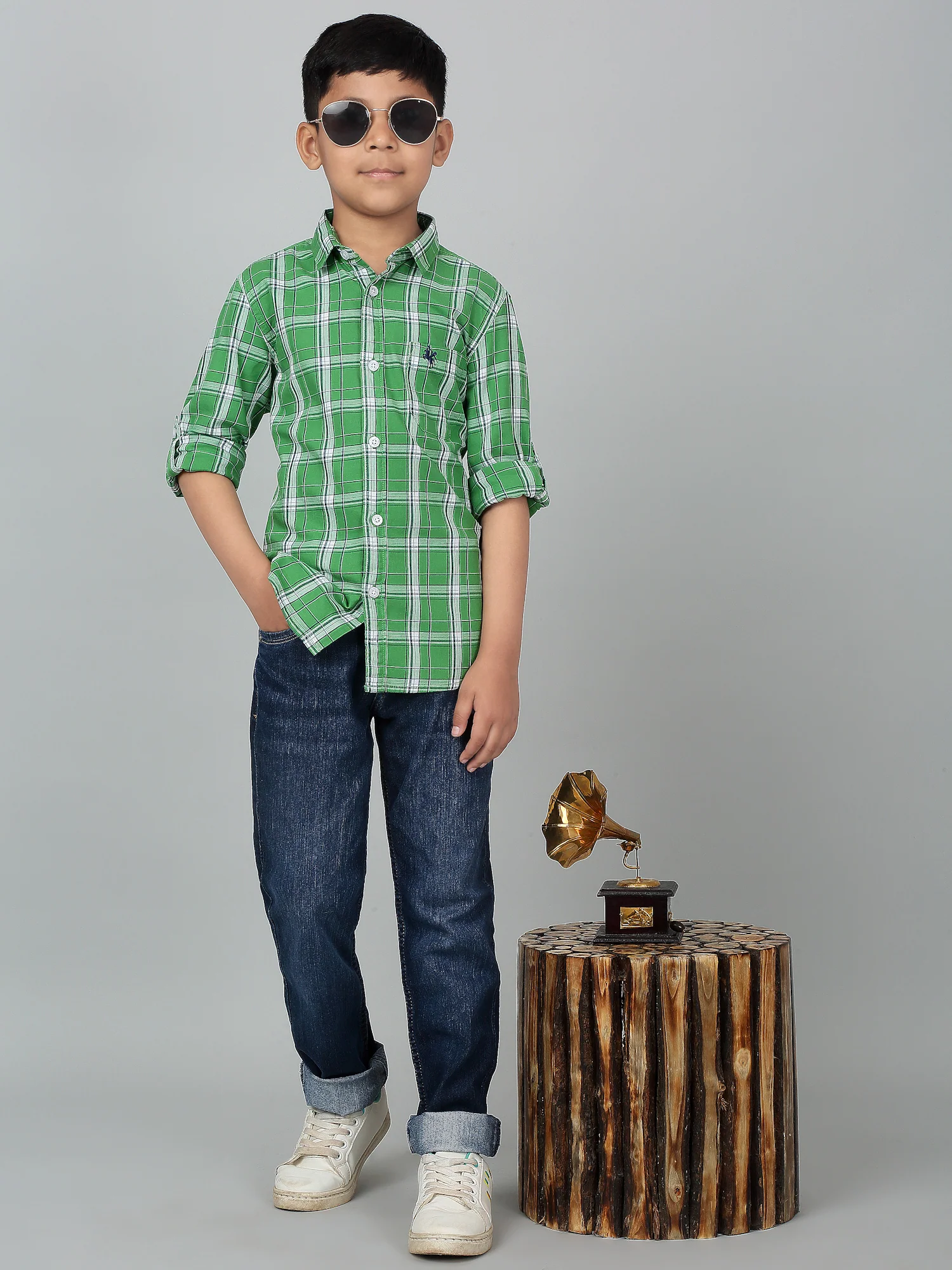 Boy's Green Checkered Full Sleeves Shirt - Image 6