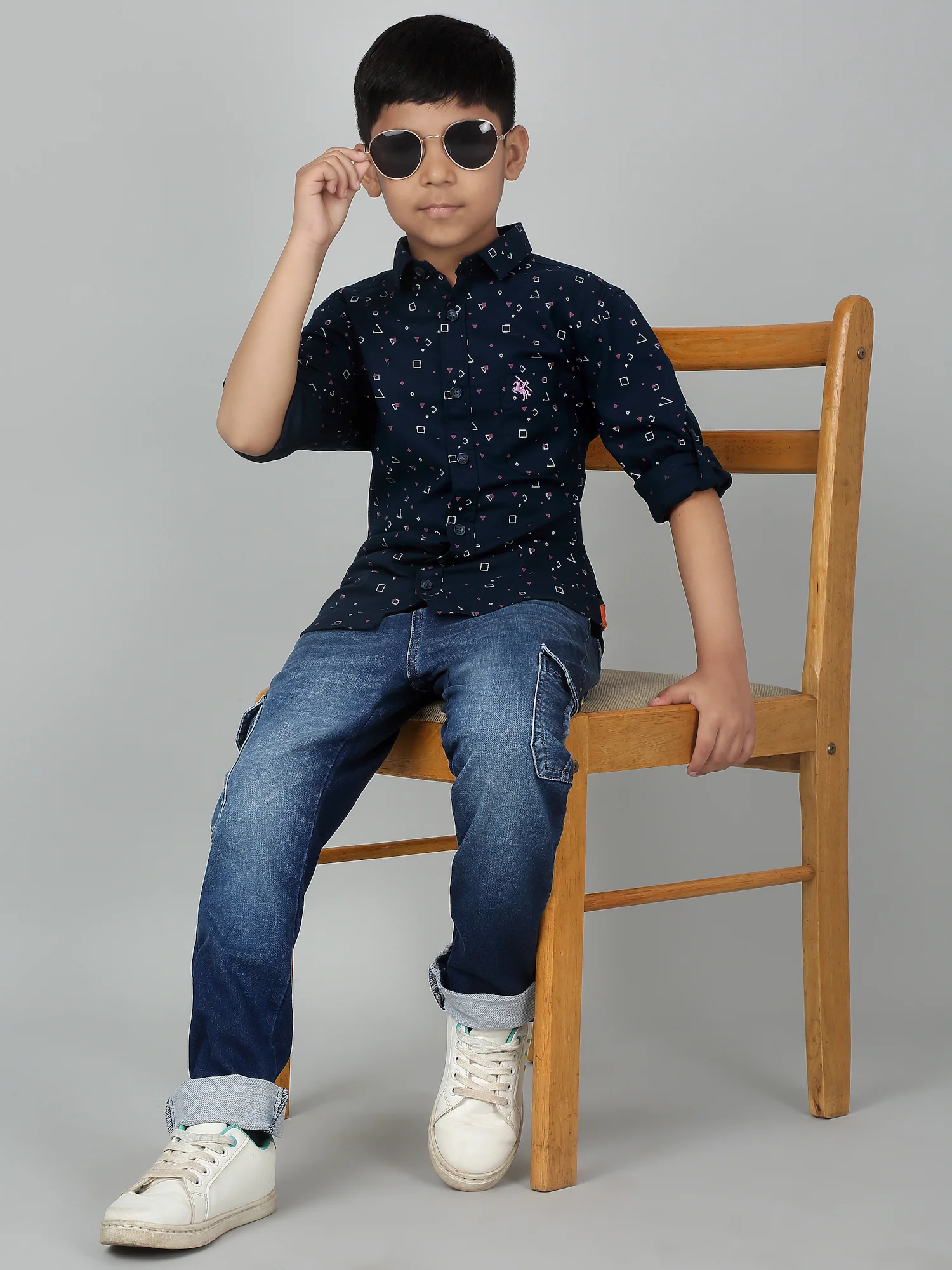 Boys Casual Navy Blue Full Sleeve with Tab  Shirt - Image 6