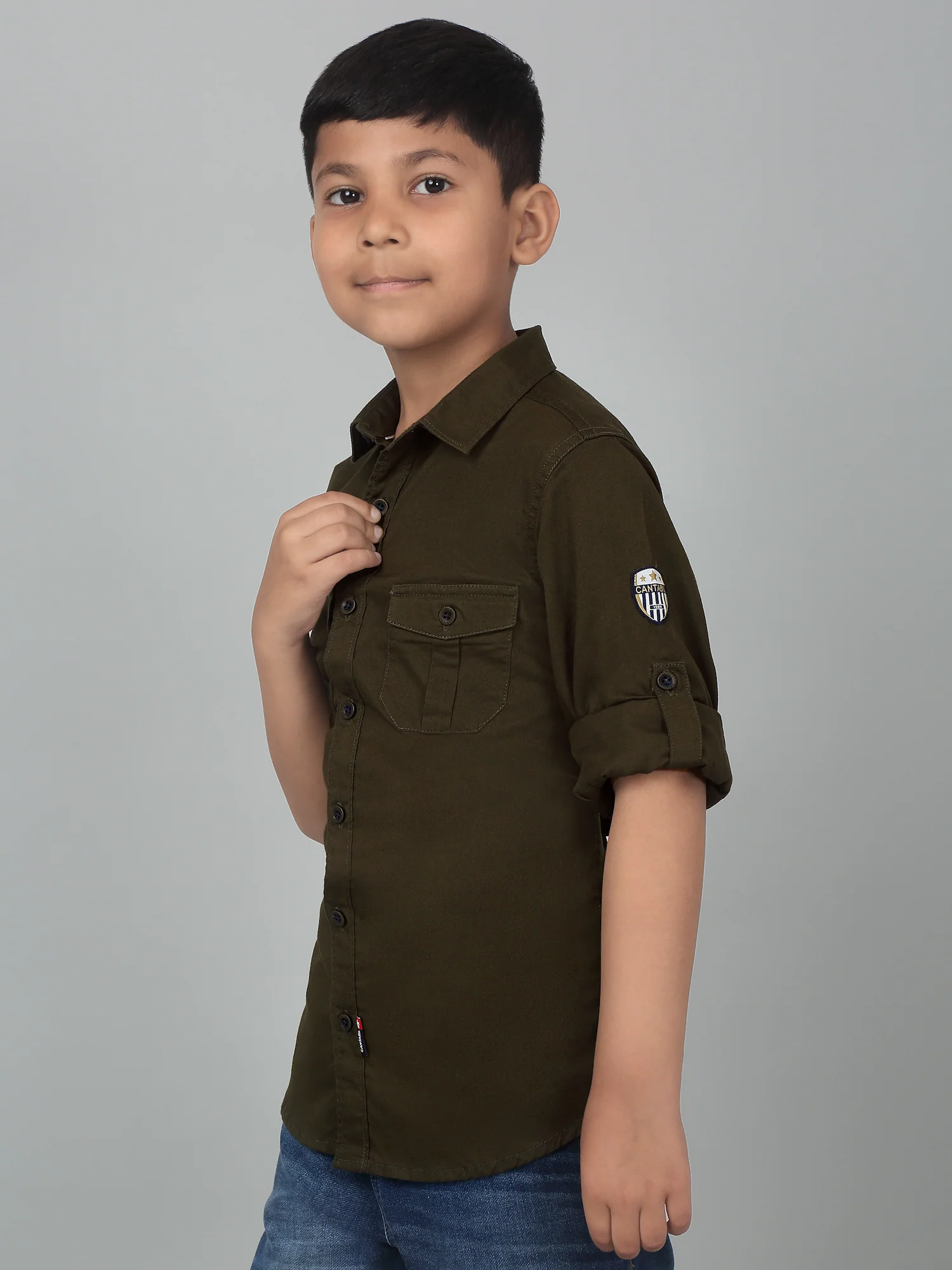 Boys Casual Olive Green Full Sleeve with Tab  Shirt - Image 4