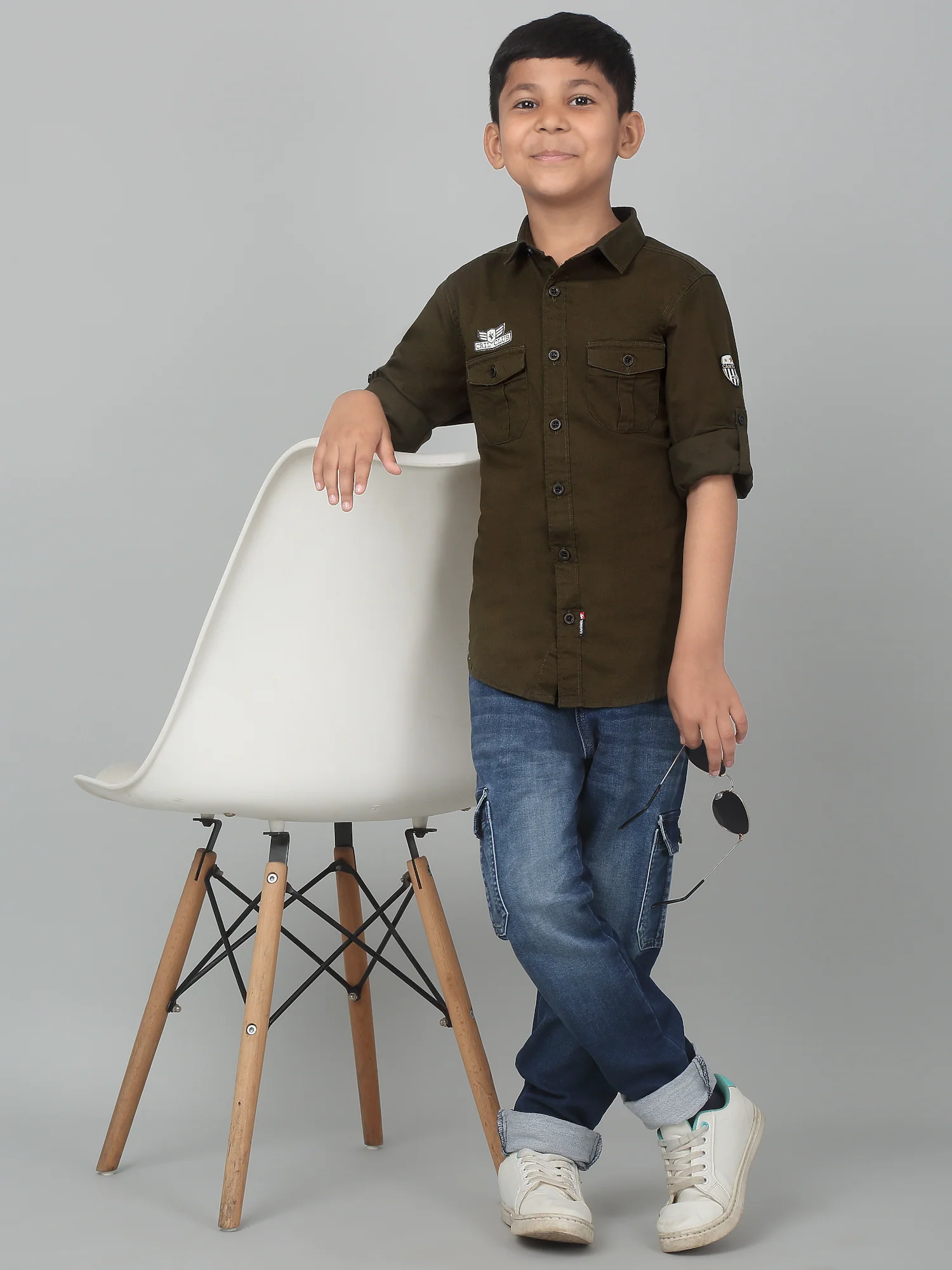 Boys Casual Olive Green Full Sleeve with Tab  Shirt - Image 6