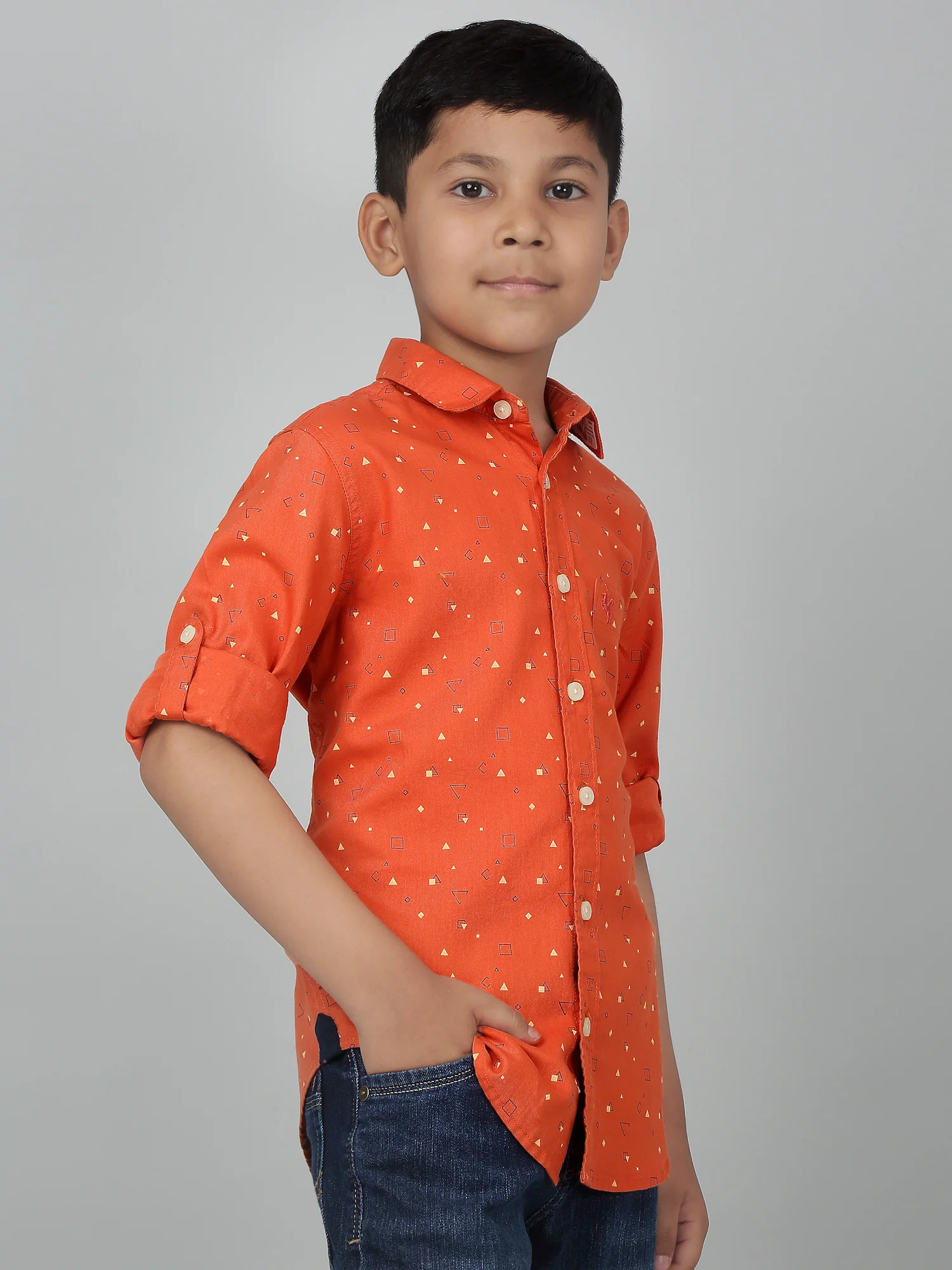 Boy's Orange Printed Full Sleeves Shirt - Image 3