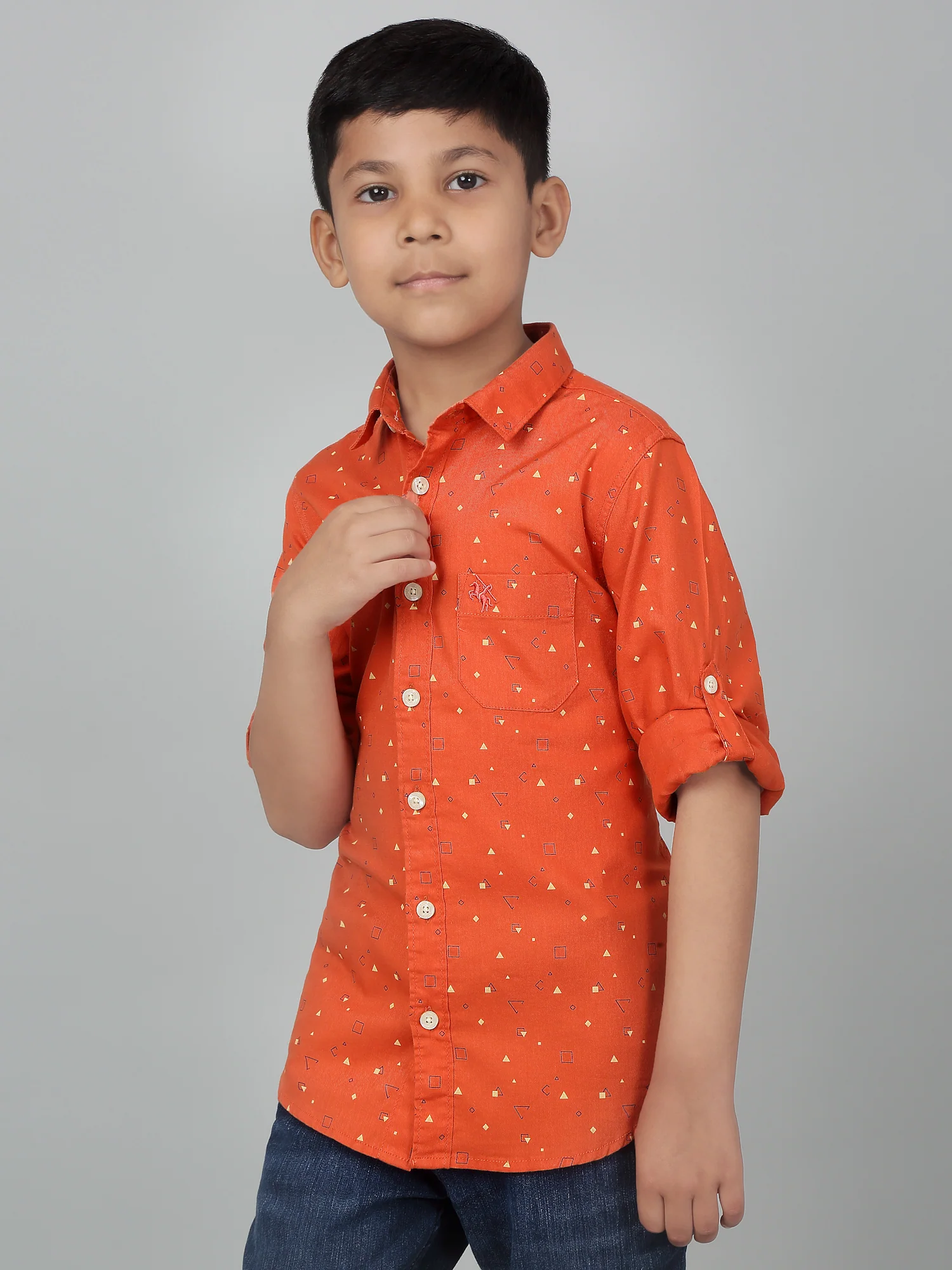 Boy's Orange Printed Full Sleeves Shirt - Image 4