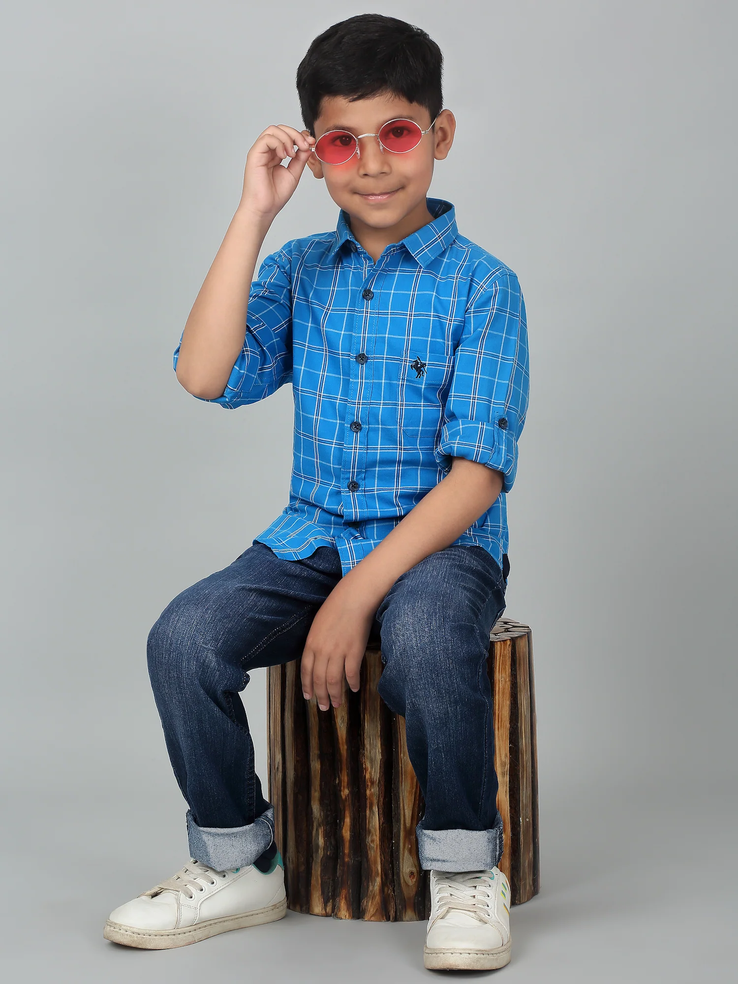 Boy's Royal Blue Checkered Full Sleeves Shirt - Image 6