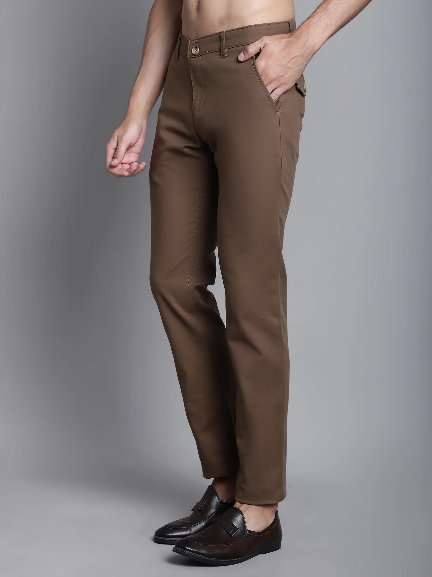 Men's Casual Flat front Brown  Trousers - Image 3