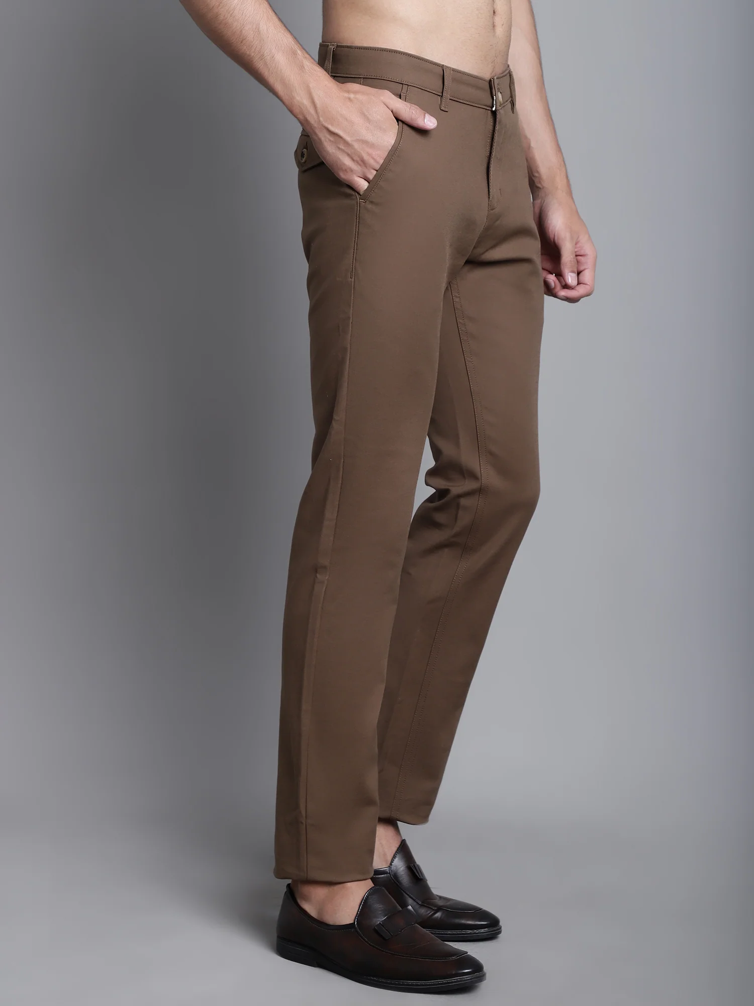 Men's Casual Flat front Brown  Trousers - Image 4