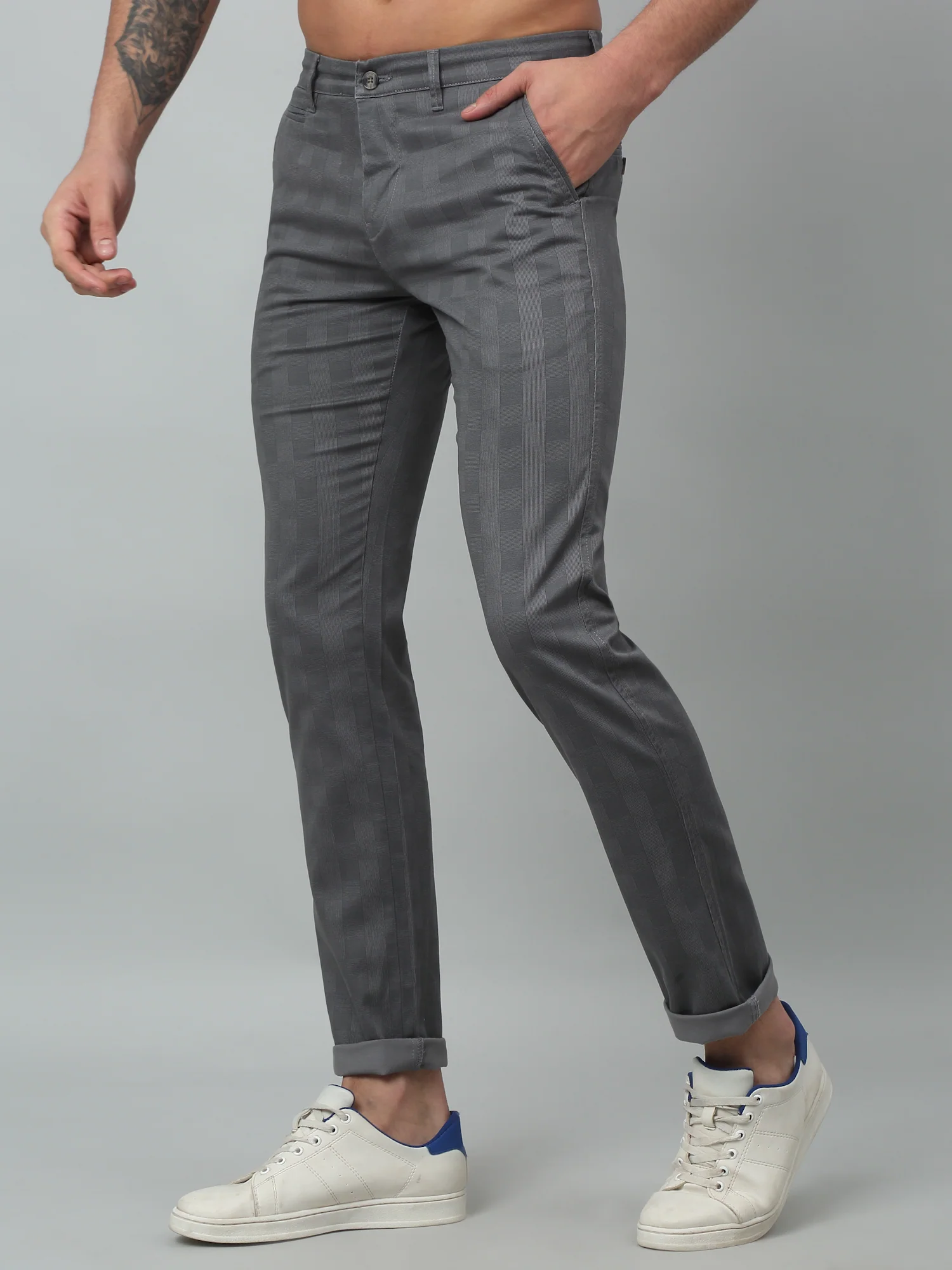 Men's Casual Flat front Grey Checks Trousers - Image 2