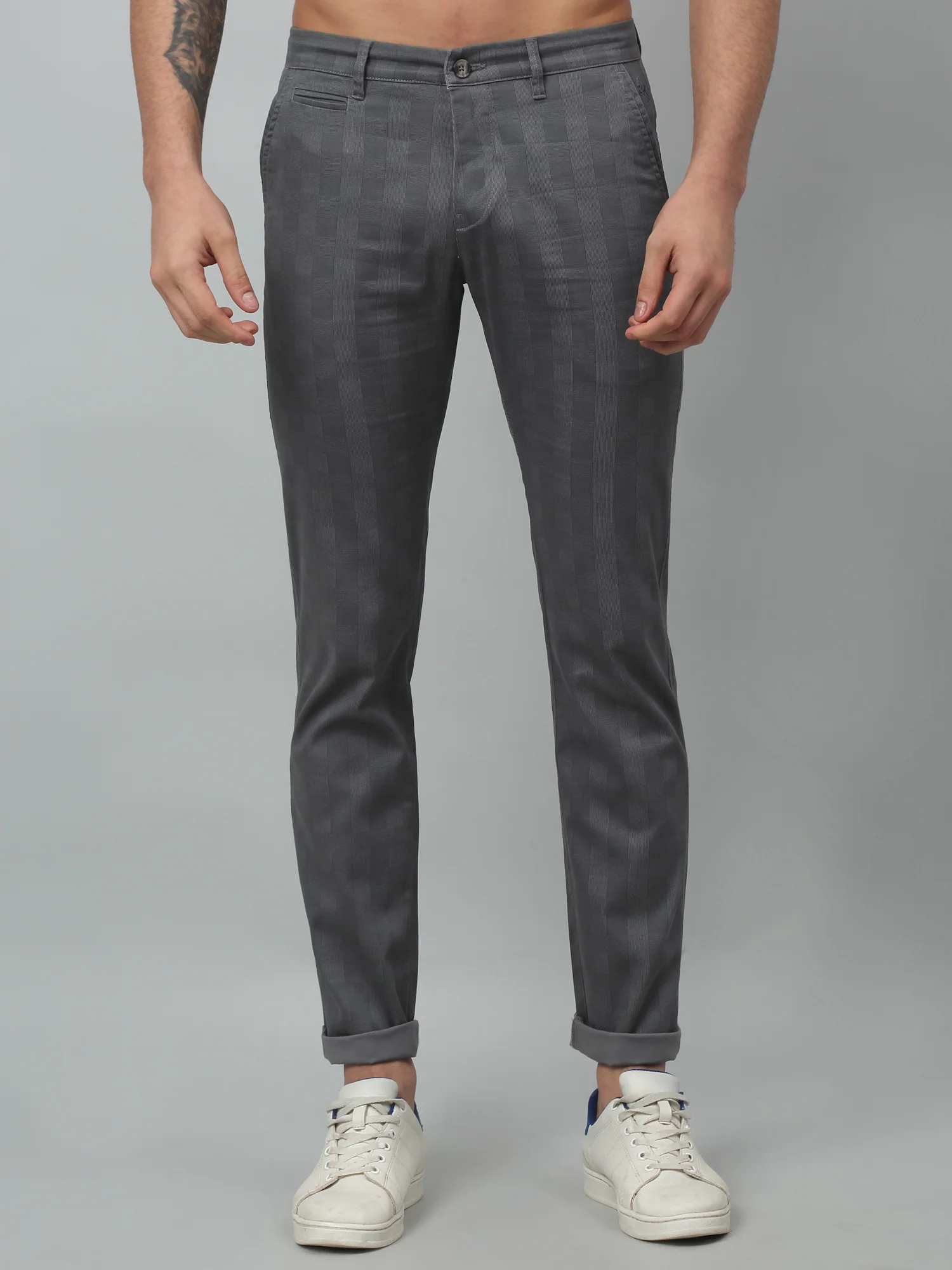 Men's Casual Flat front Grey Checks Trousers - Image 3