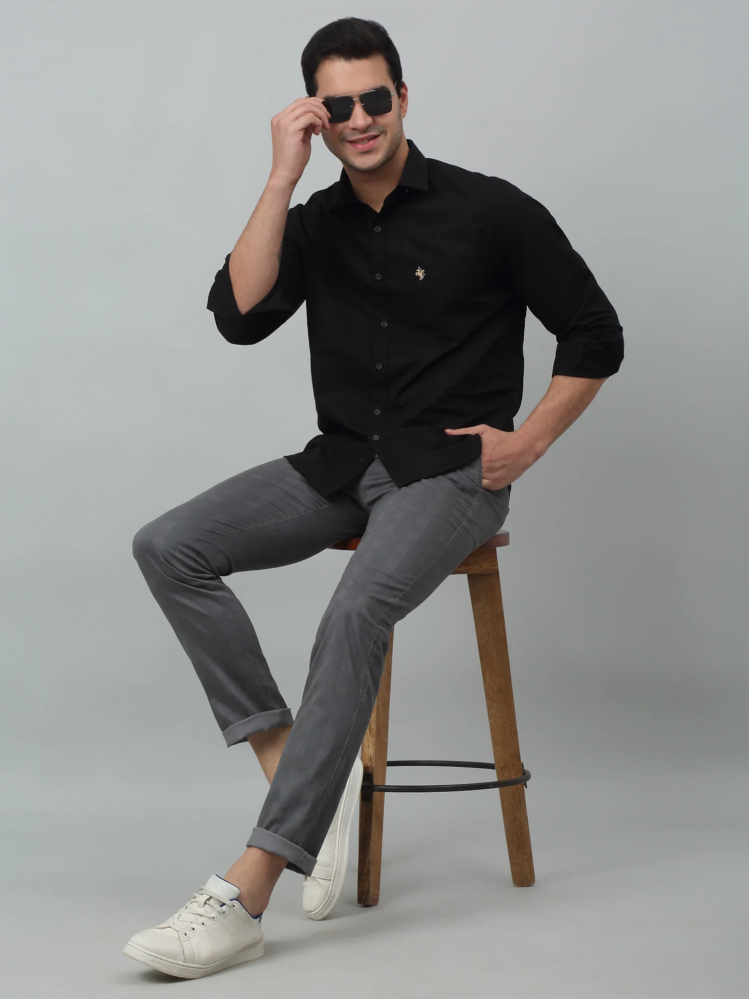 Men's Casual Flat front Grey Checks Trousers - Image 6