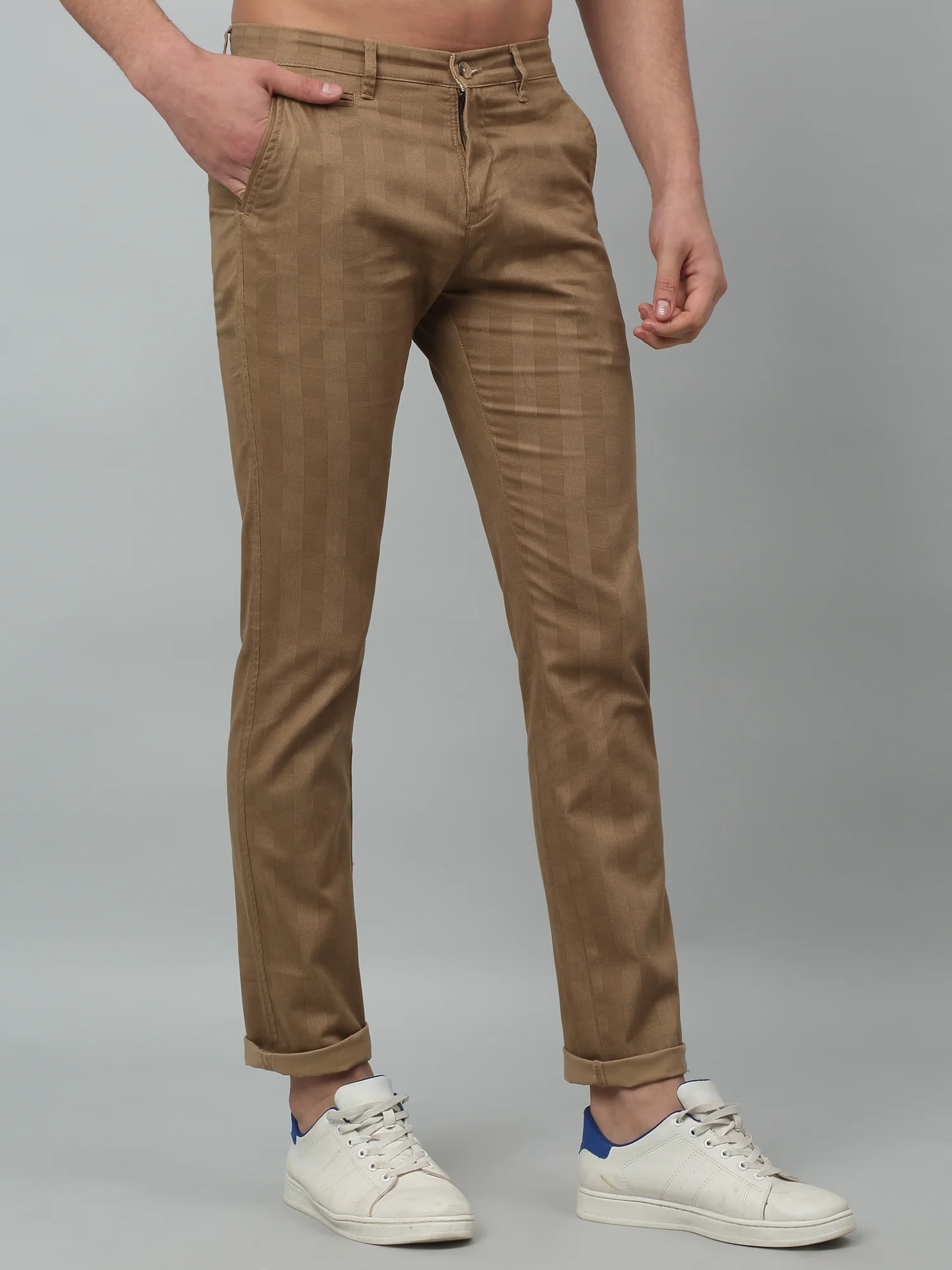 Men's Casual Flat front Khaki Checks Trousers - Image 2