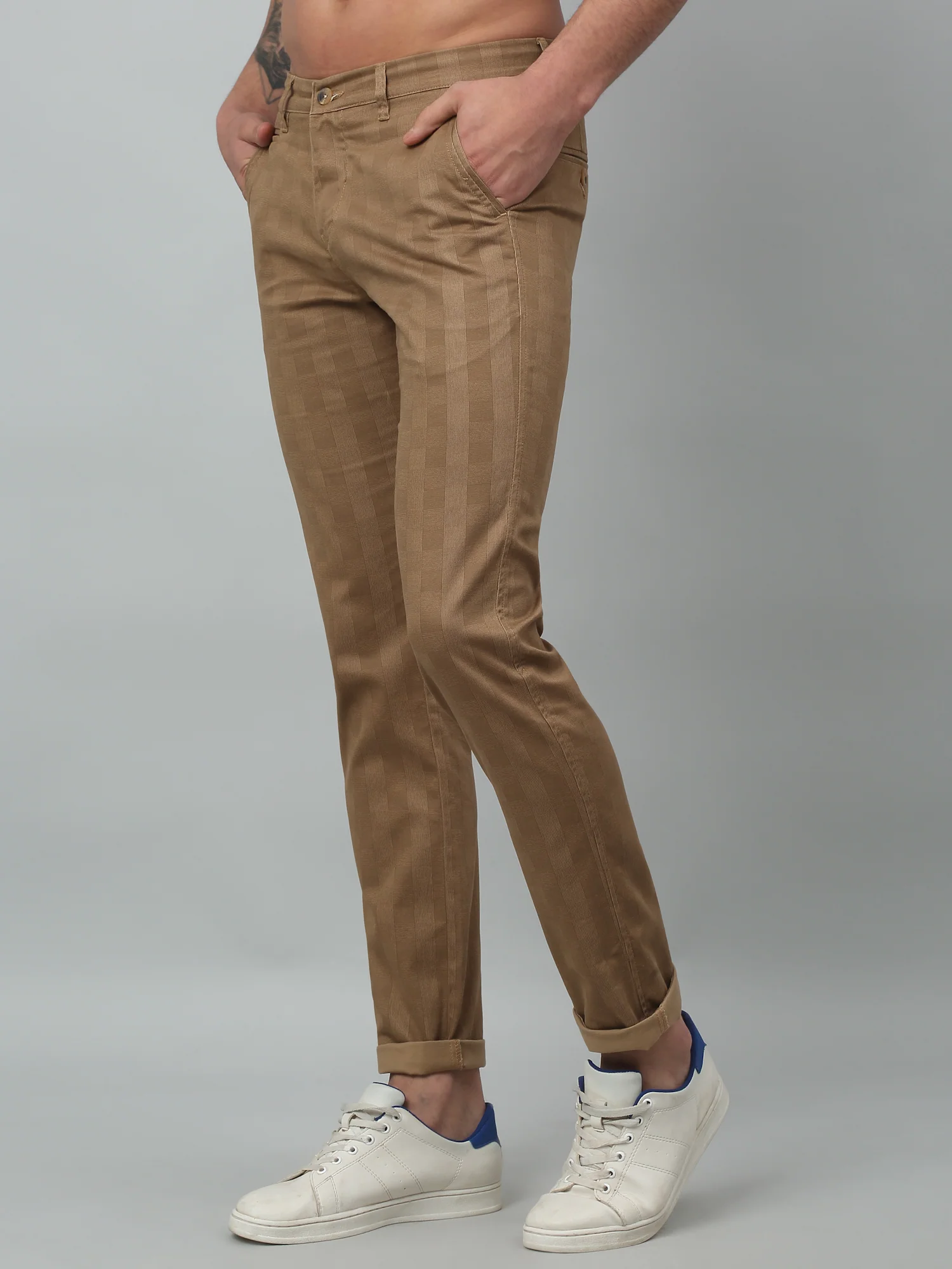 Men's Casual Flat front Khaki Checks Trousers - Image 3