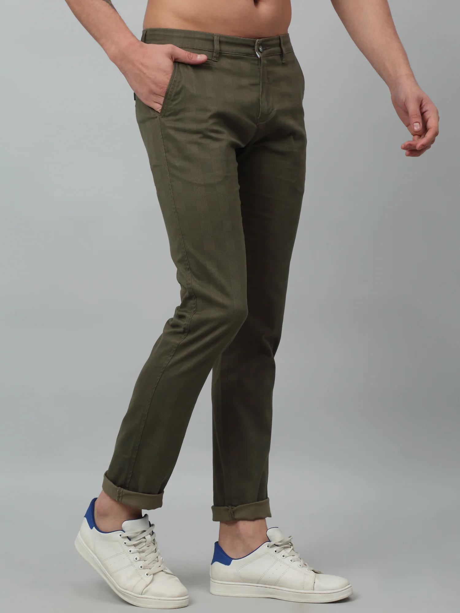 Men's Casual Flat front Olive Checks Trousers - Image 2