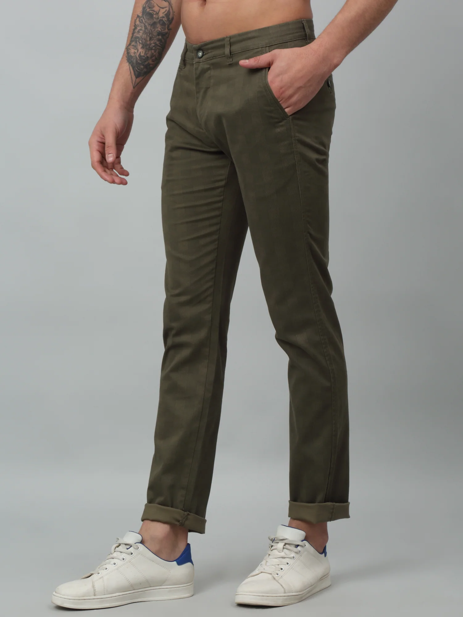 Men's Casual Flat front Olive Checks Trousers - Image 3