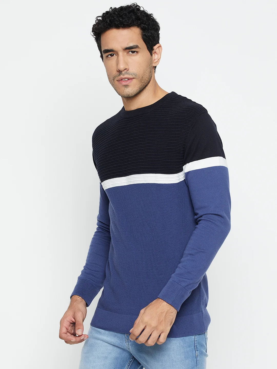 Color Block Blue Full Sleeves Round Neck Regular Fit Casual Sweater for Men - Image 3