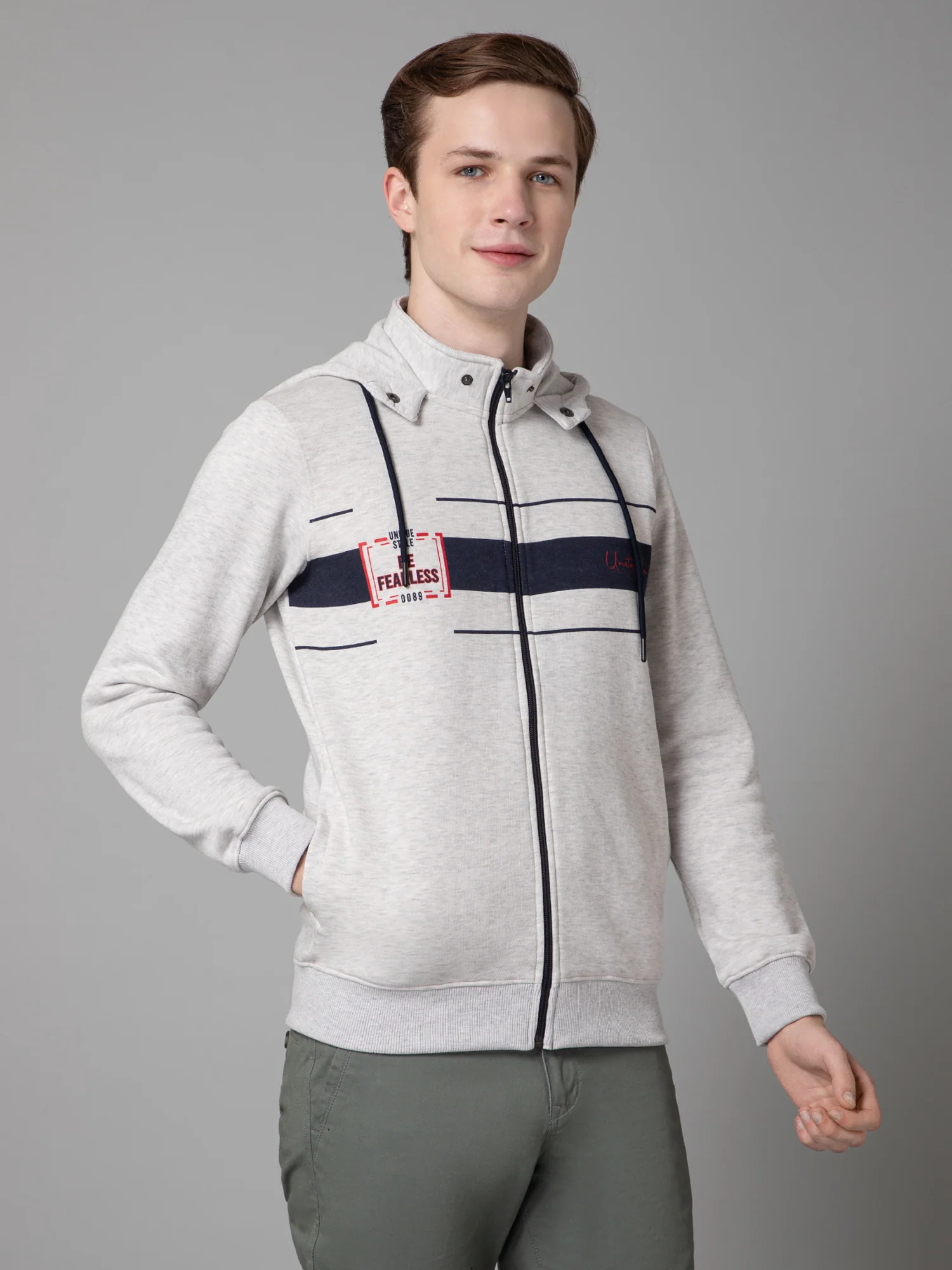 Solid Ecru Full Sleeves Hooded Neck Regular Fit Casual Sweatshirt for Men - Image 3