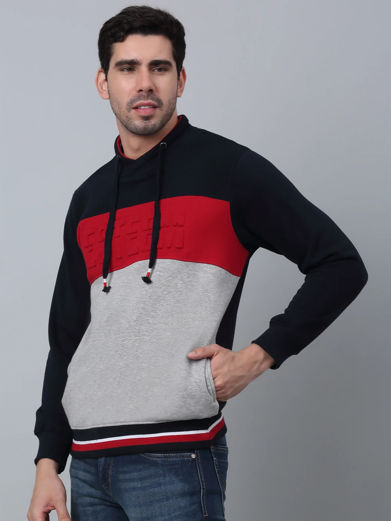 Men's Color Blocked Grey Melange Full Sleeves Round Neck Casual Sweatshirt - Image 2