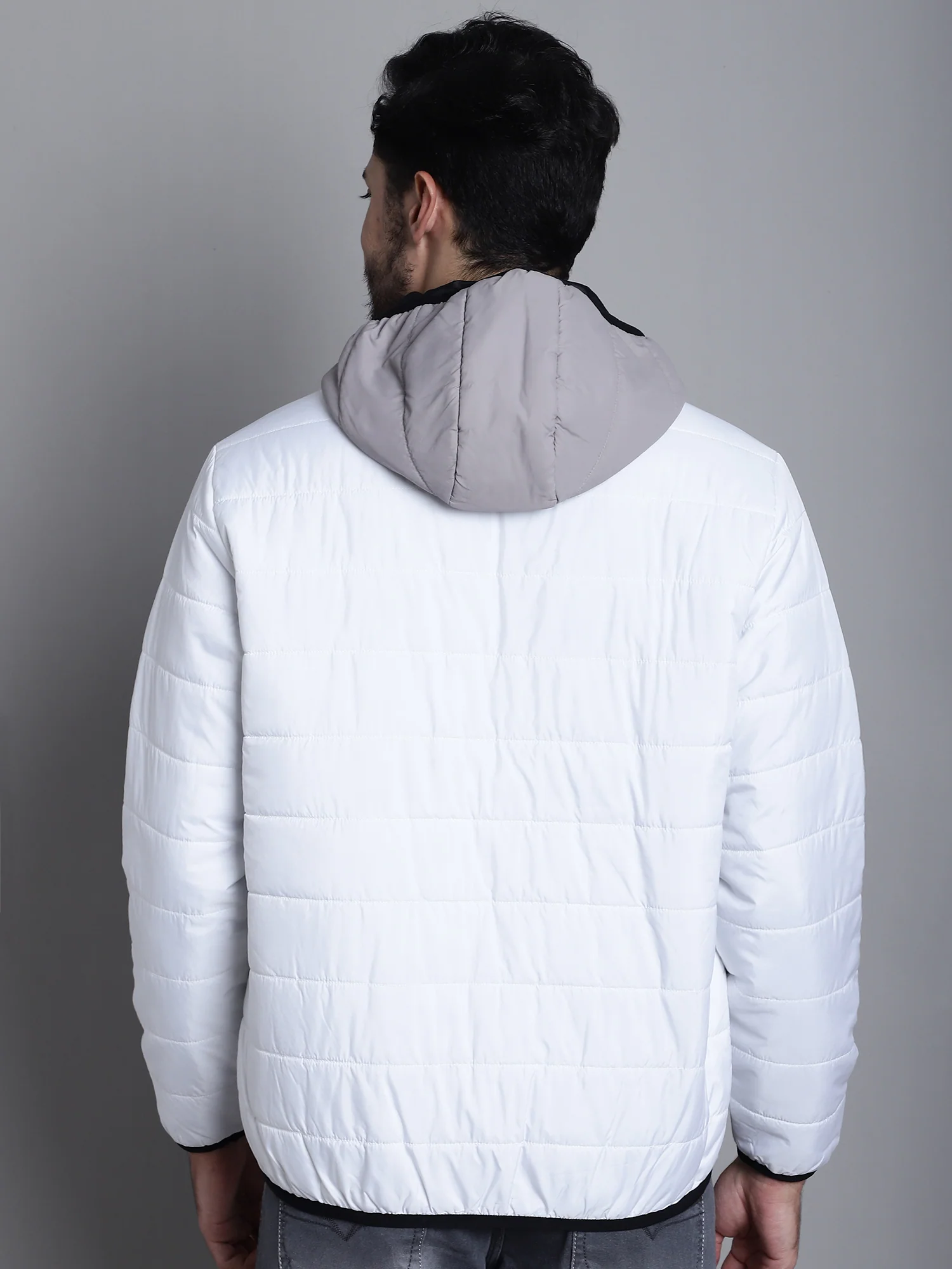 Color Blocked White Full Sleeves Hooded Neck Regular Fit Casual Jacket for Men - Image 2