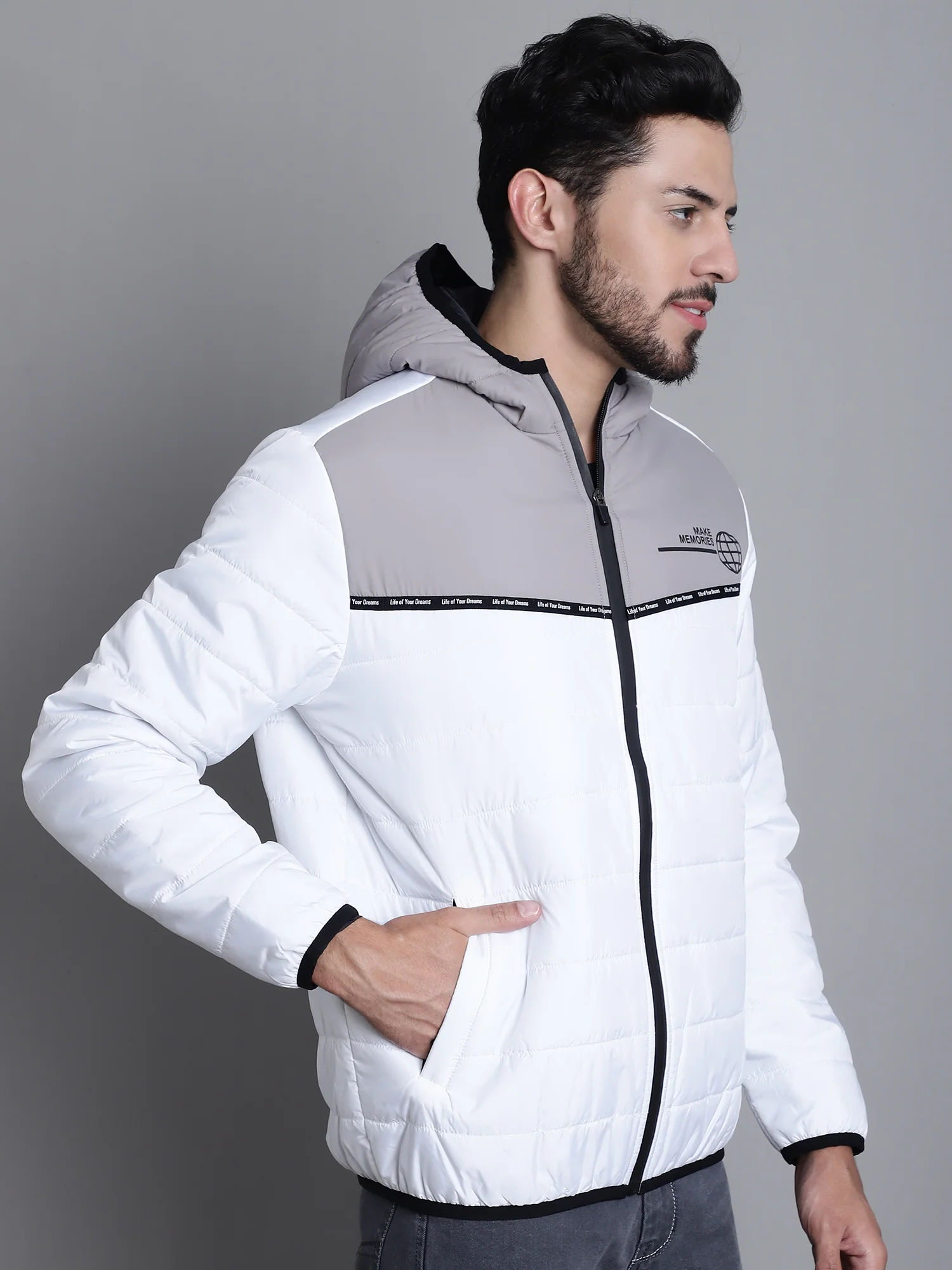 Color Blocked White Full Sleeves Hooded Neck Regular Fit Casual Jacket for Men - Image 4