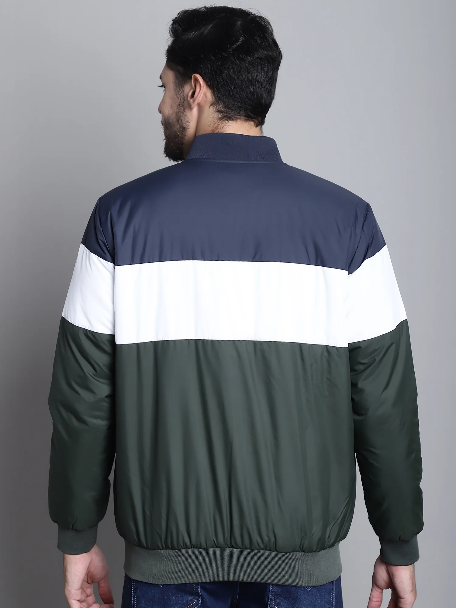 Color blocked Olive Full Sleeves Mock Collar Regular Fit Casual Jacket for Mens - Image 2