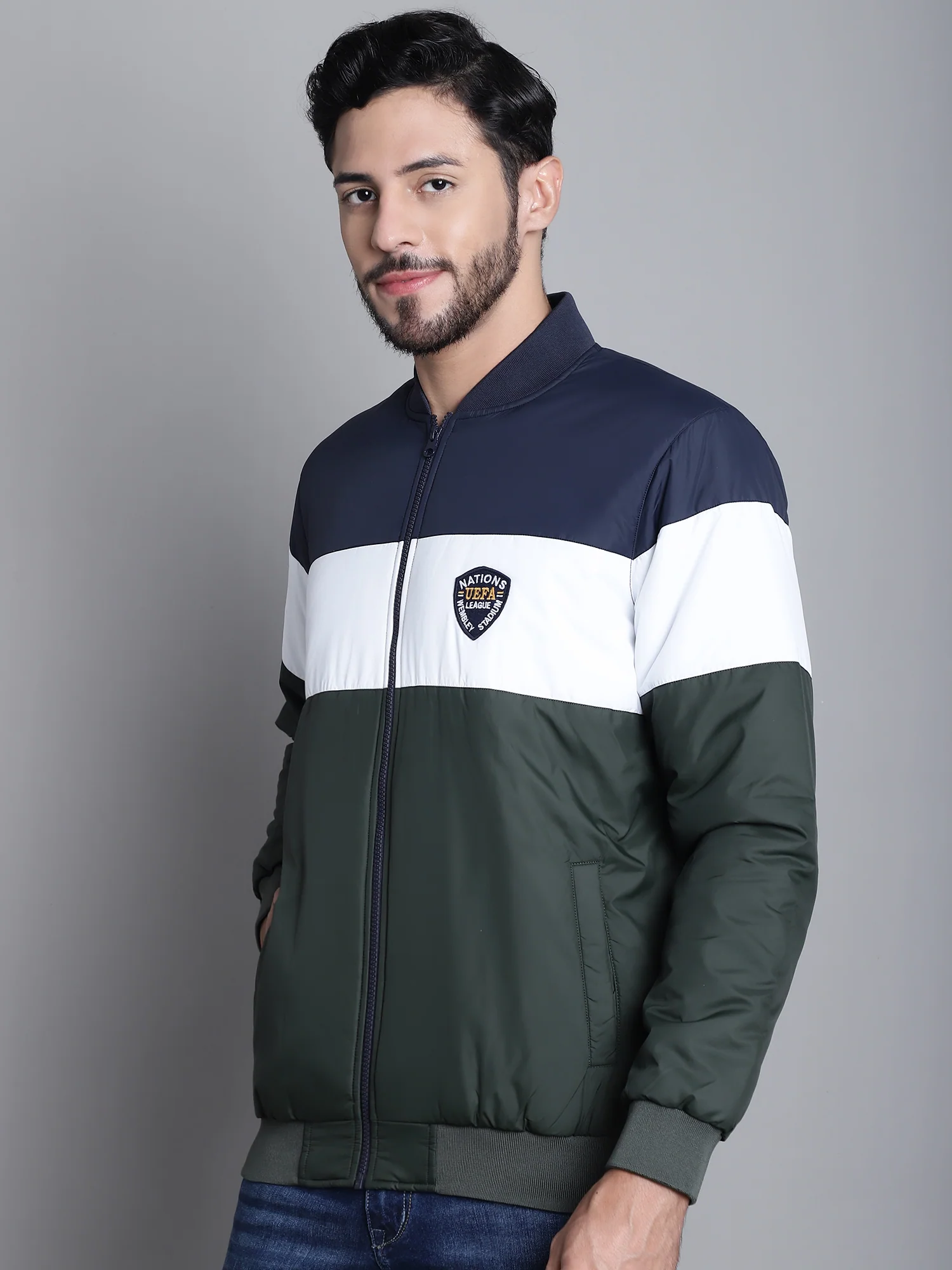 Color blocked Olive Full Sleeves Mock Collar Regular Fit Casual Jacket for Mens - Image 3