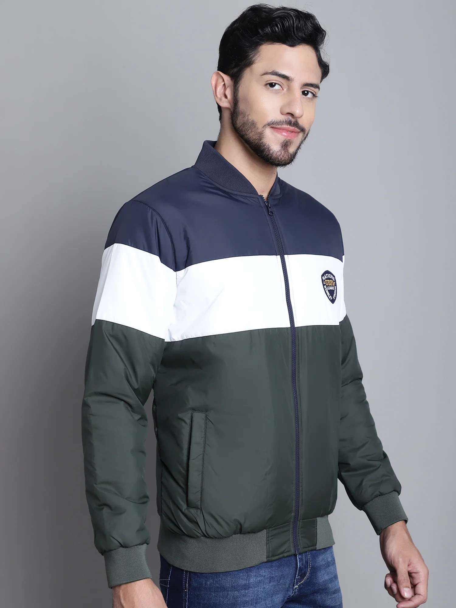 Color blocked Olive Full Sleeves Mock Collar Regular Fit Casual Jacket for Mens - Image 4