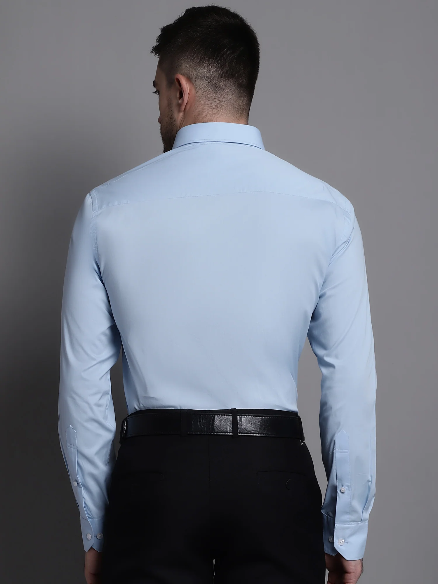 Men's Light Blue Formal Plain Stretch Full Sleeve Shirt - Image 2