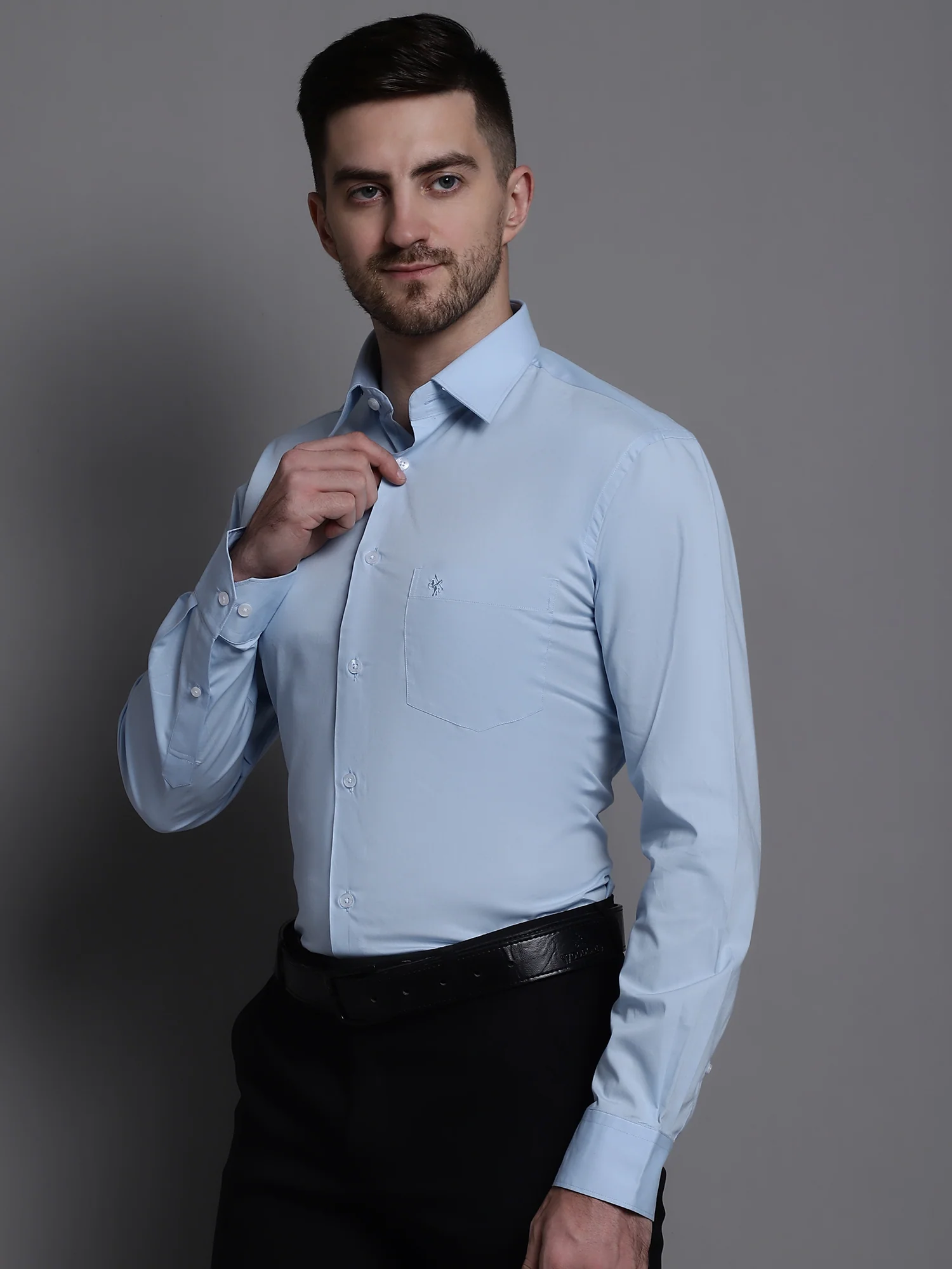 Men's Light Blue Formal Plain Stretch Full Sleeve Shirt - Image 3