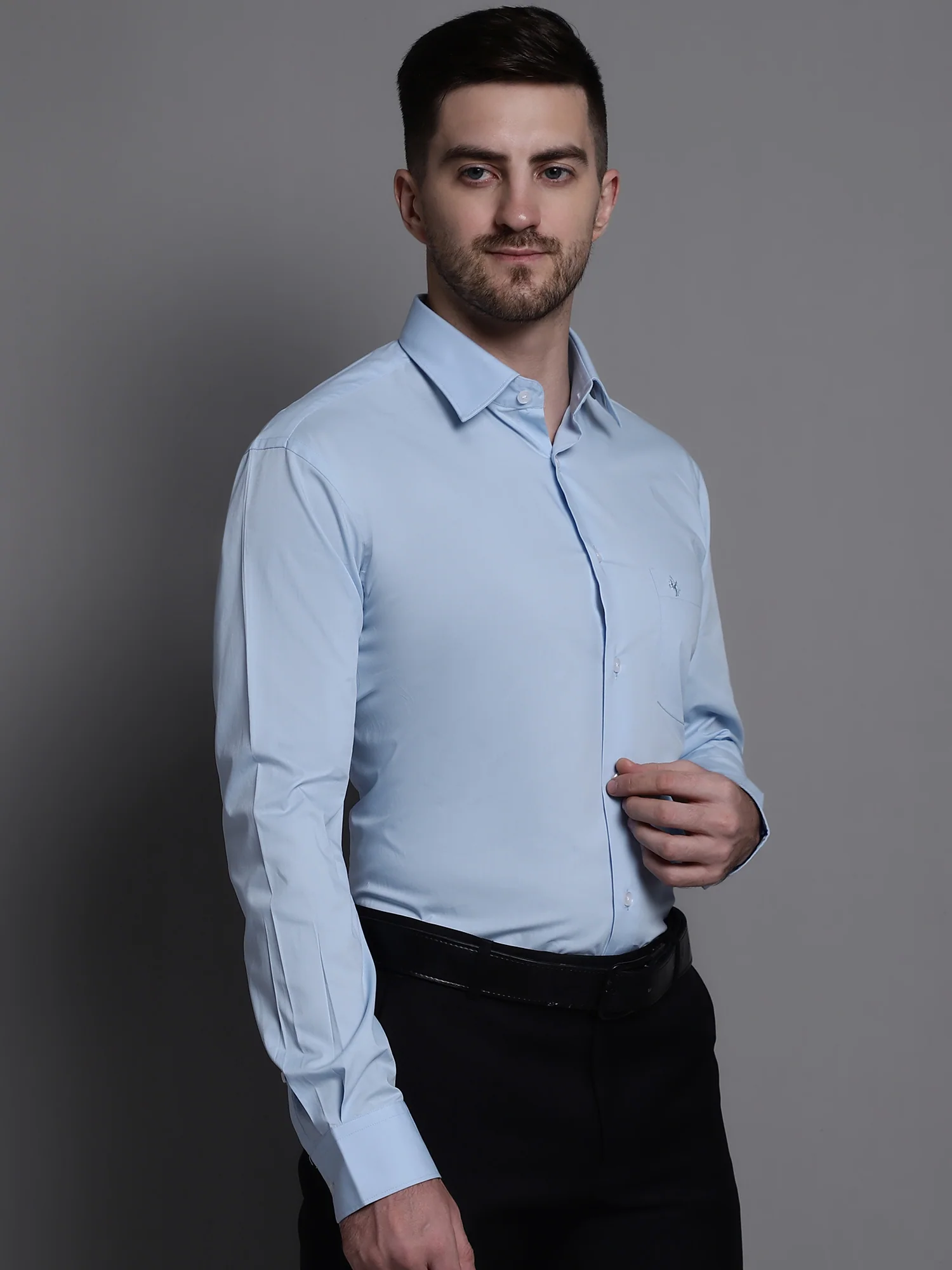 Men's Light Blue Formal Plain Stretch Full Sleeve Shirt - Image 4