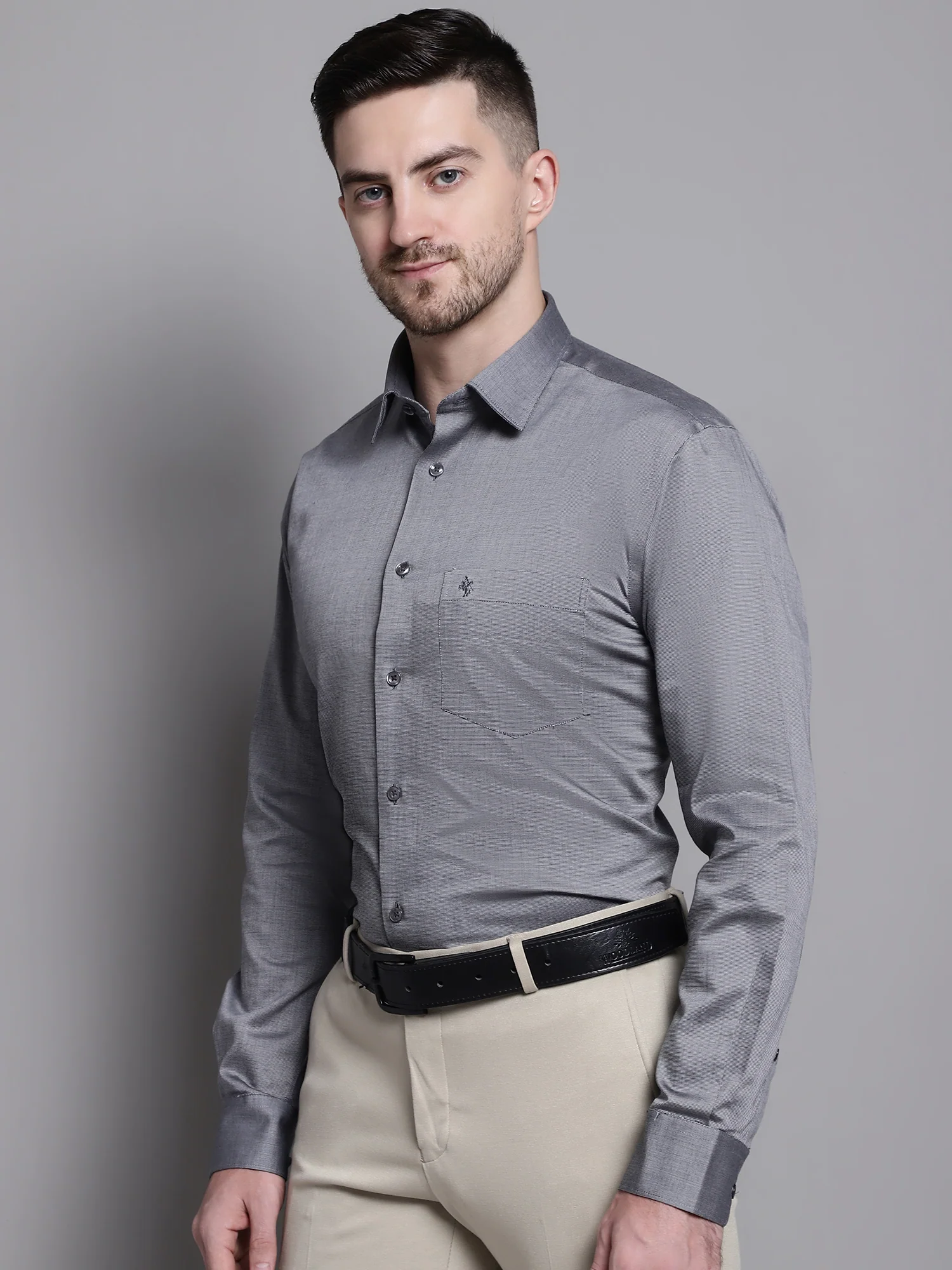 Men's Grey Formal Fil a Fil Plain Full Sleeve Shirt - Image 3