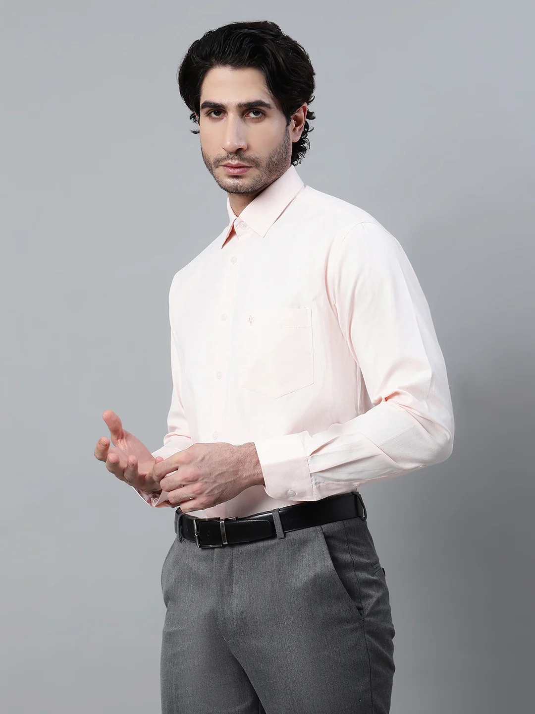 Men's Light Orange Formal Self Textured Full Sleeve Shirt - Image 3