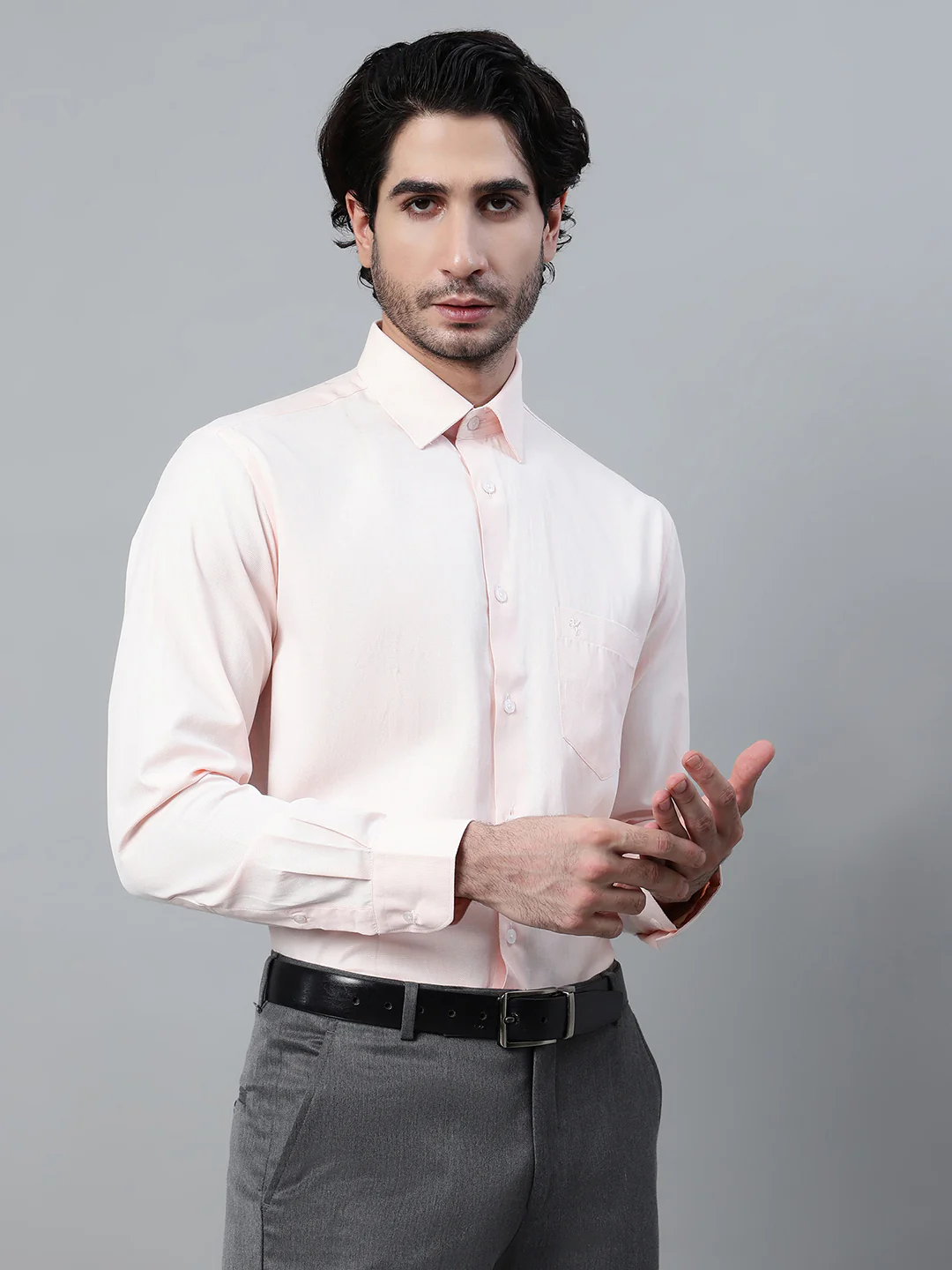 Men's Light Orange Formal Self Textured Full Sleeve Shirt - Image 4
