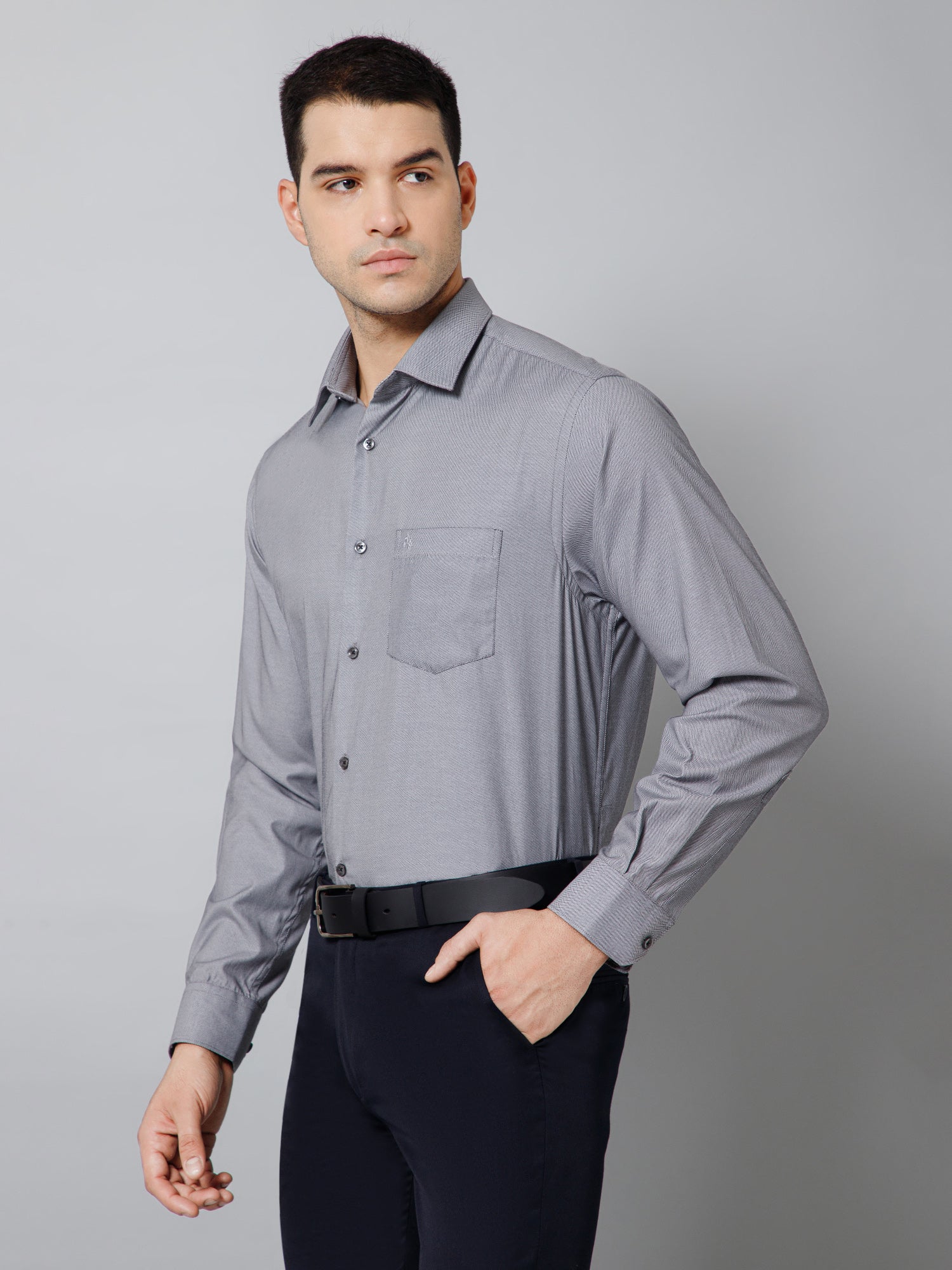 Men's Grey  Formal Self Textured Full Sleeve Shirt - Image 2