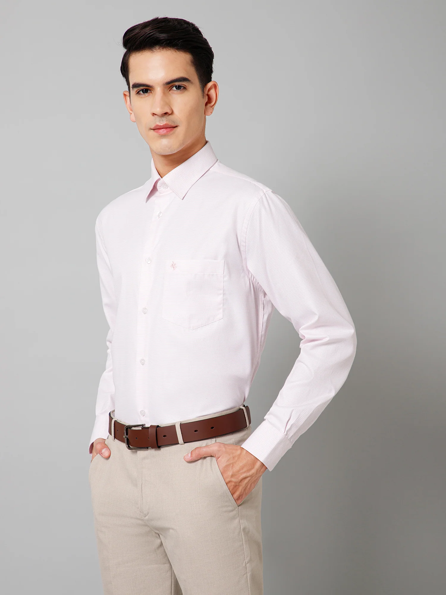 Men's Light Pink Formal Self Textured Full Sleeve Shirt - Image 2