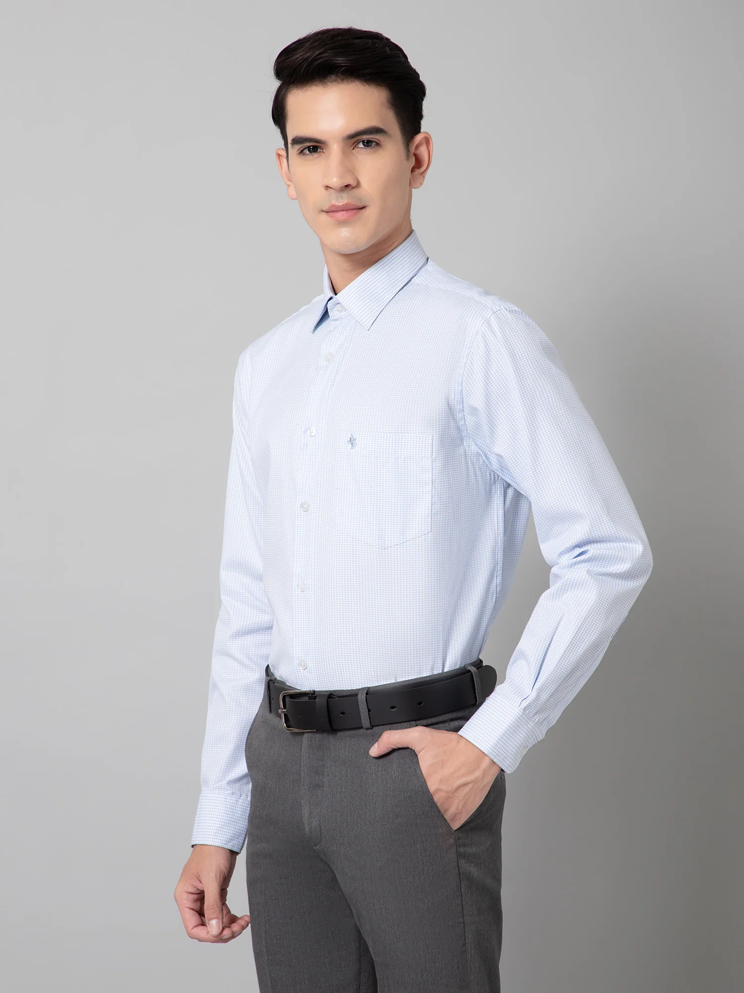 Men's Light Blue Formal Self Textured Full Sleeve Shirt - Image 2