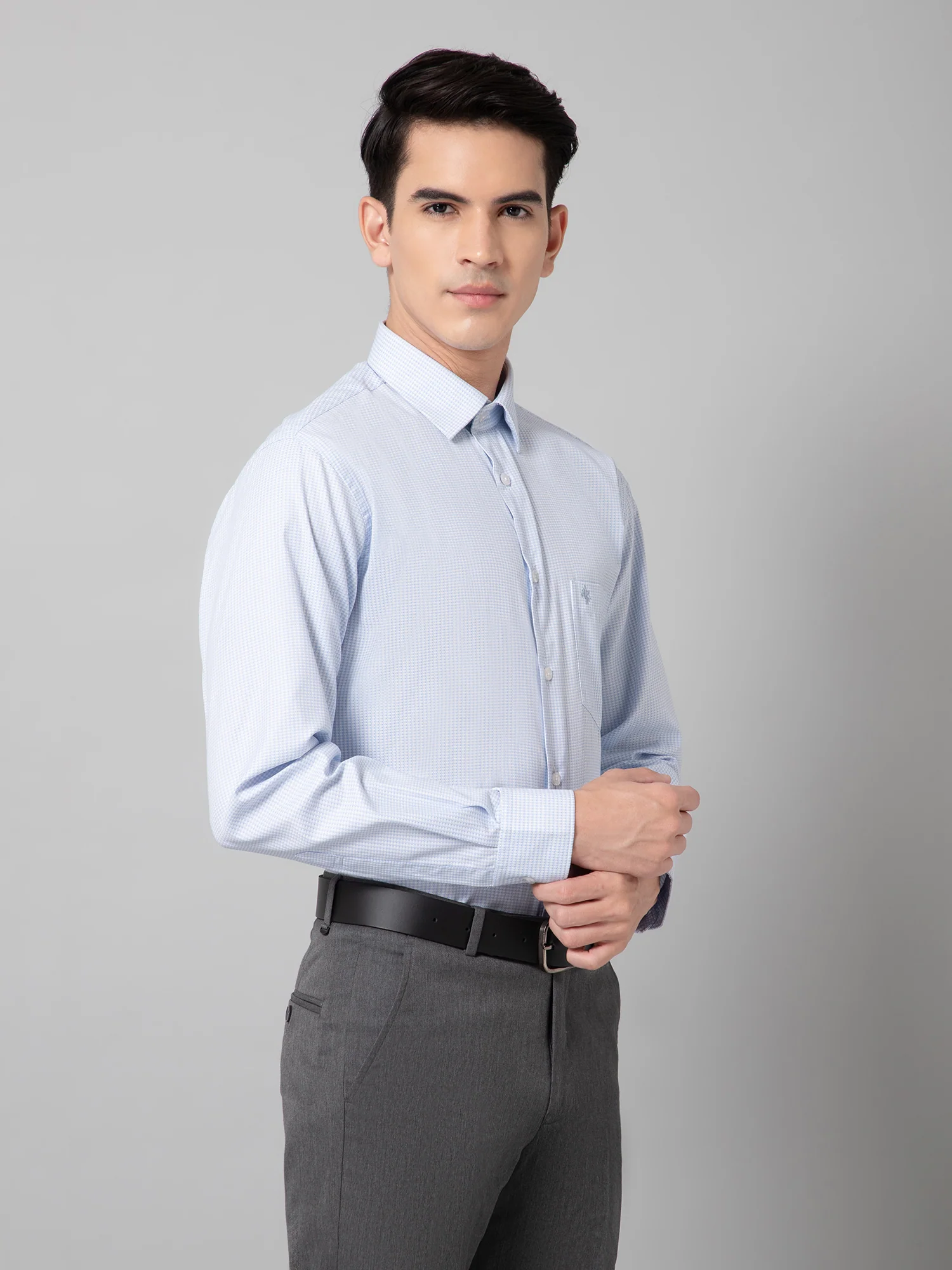 Men's Light Blue Formal Self Textured Full Sleeve Shirt - Image 3