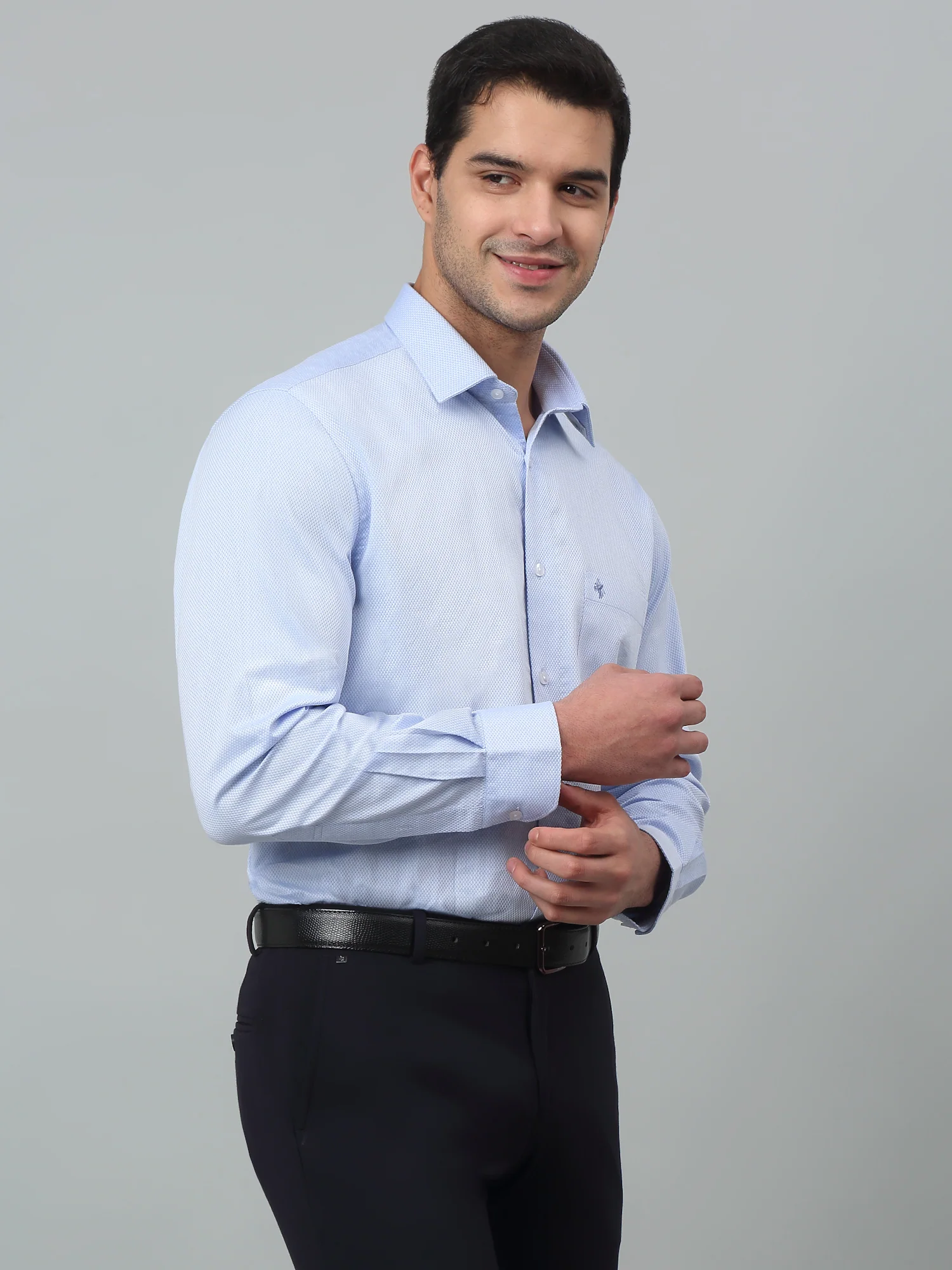 Men's Blue Formal Self Textured Full Sleeve Shirt - Image 3