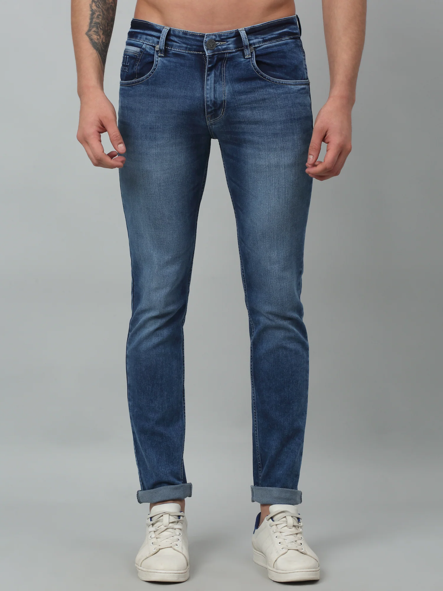 Denim Jeans for Men l Breathable & Soft with Color Fastness Ultra Narrow Fit Cotton Fabric Solid Pattern Button Closure