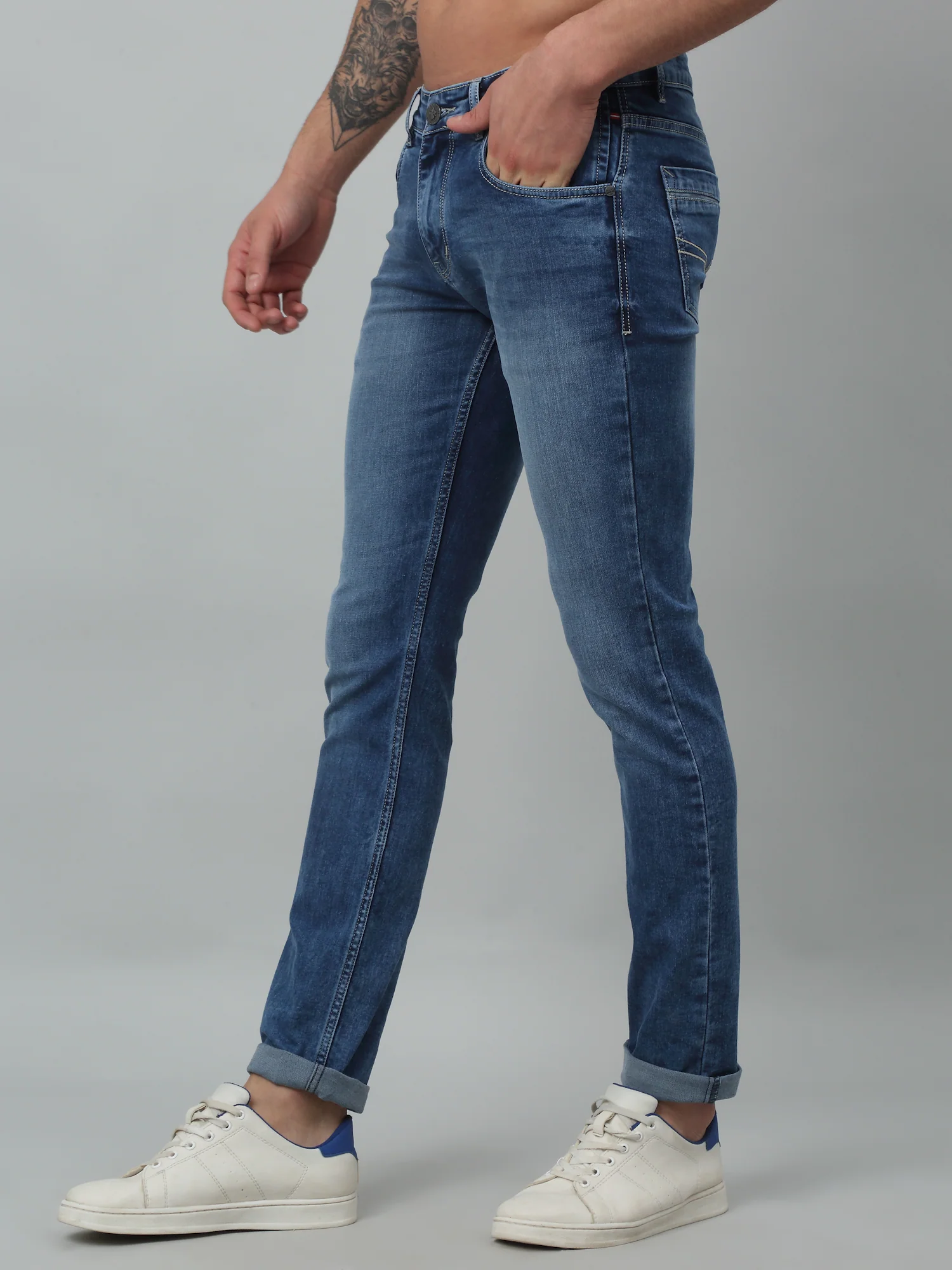 Denim Jeans for Men l Breathable & Soft with Color Fastness Ultra Narrow Fit Cotton Fabric Solid Pattern Button Closure - Image 3