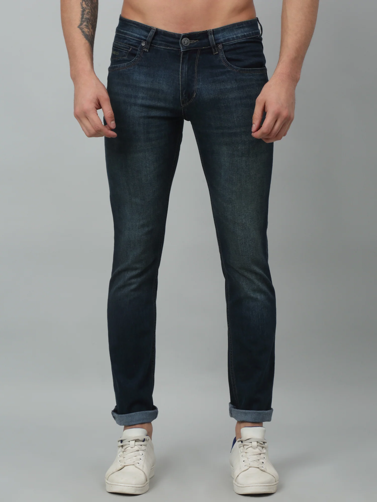 Denim Jeans for Men l Breathable & Soft with Color Fastness Ultra Narrow Fit Cotton Fabric Solid Pattern Button Closure