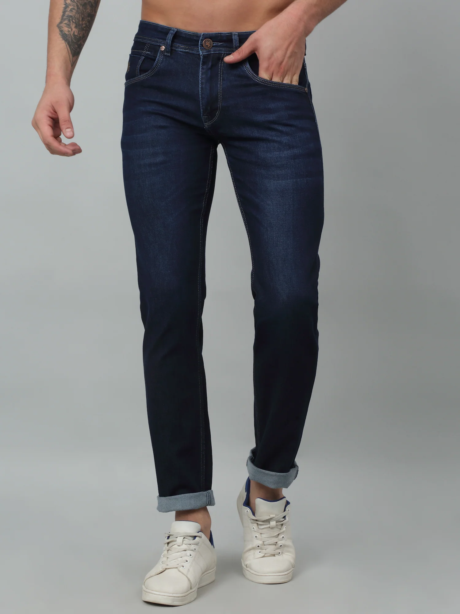 Denim Jeans for Men l Breathable & Soft with Color Fastness Ultra Narrow Fit Cotton Fabric Solid Pattern Button Closure